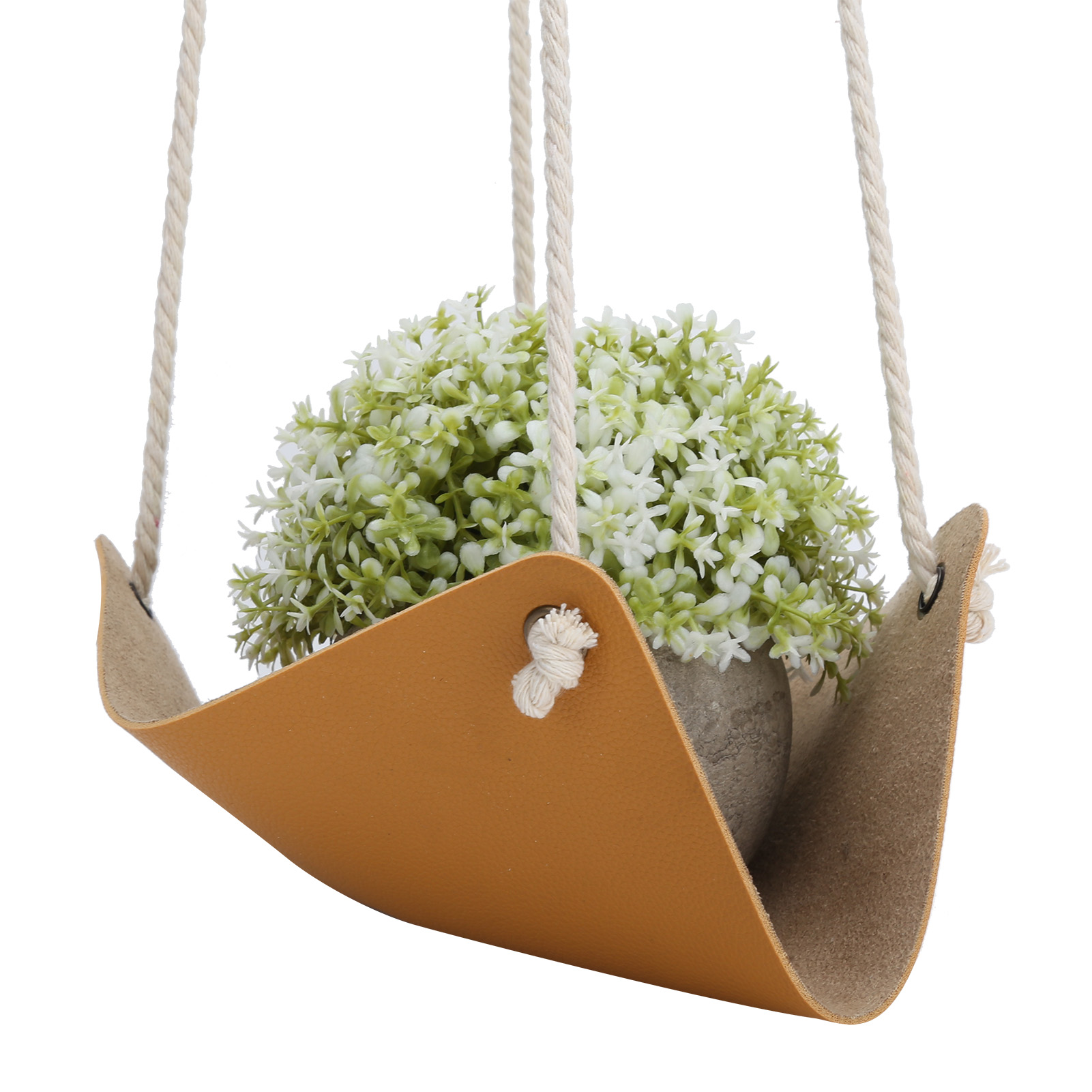 Hängender Pflanzständer, Sockel Aus Pu-leder, Baumwollseil, Hängekorb Für Blumentöpfe, Gelb, 10 Cm