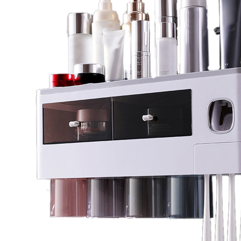Wandmontierter Zahnbürstenhalter Und Toilettenartikel-set, Multifunktionales Magnetisches Ablageregal Mit Einer Schublade, Zahnpastaspender Und 4 Bechern – Halbtransparentes Grau