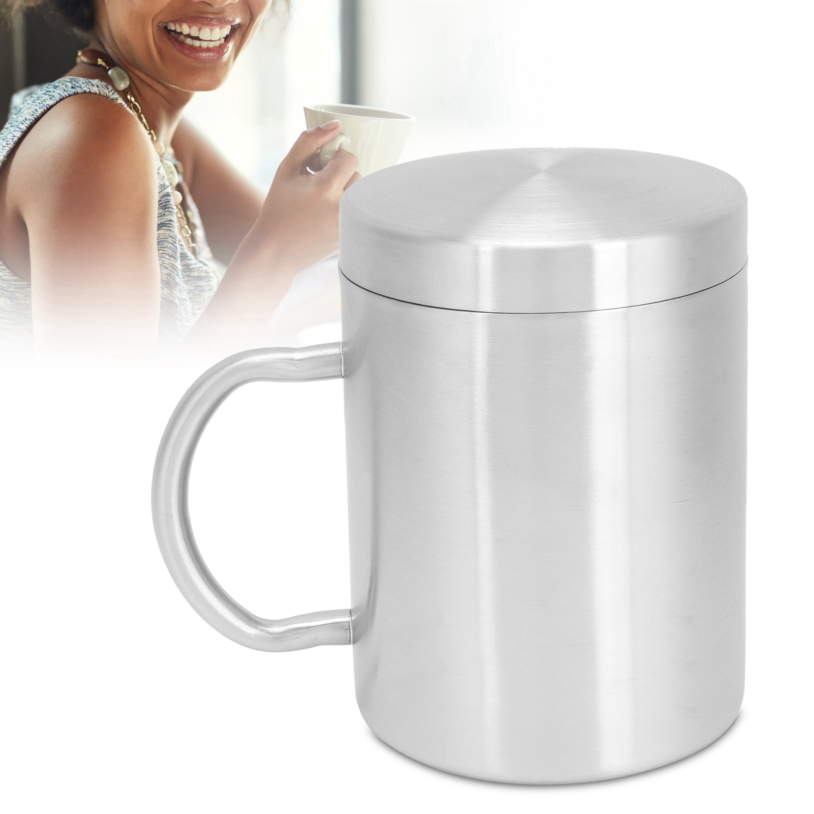 Edelstahlbecher Mit Deckel Und Henkel, Doppelwandige Wärmeisolierung, Ideal Für Den Gebrauch Zu Hause Im Sommer (l 400 Ml)
