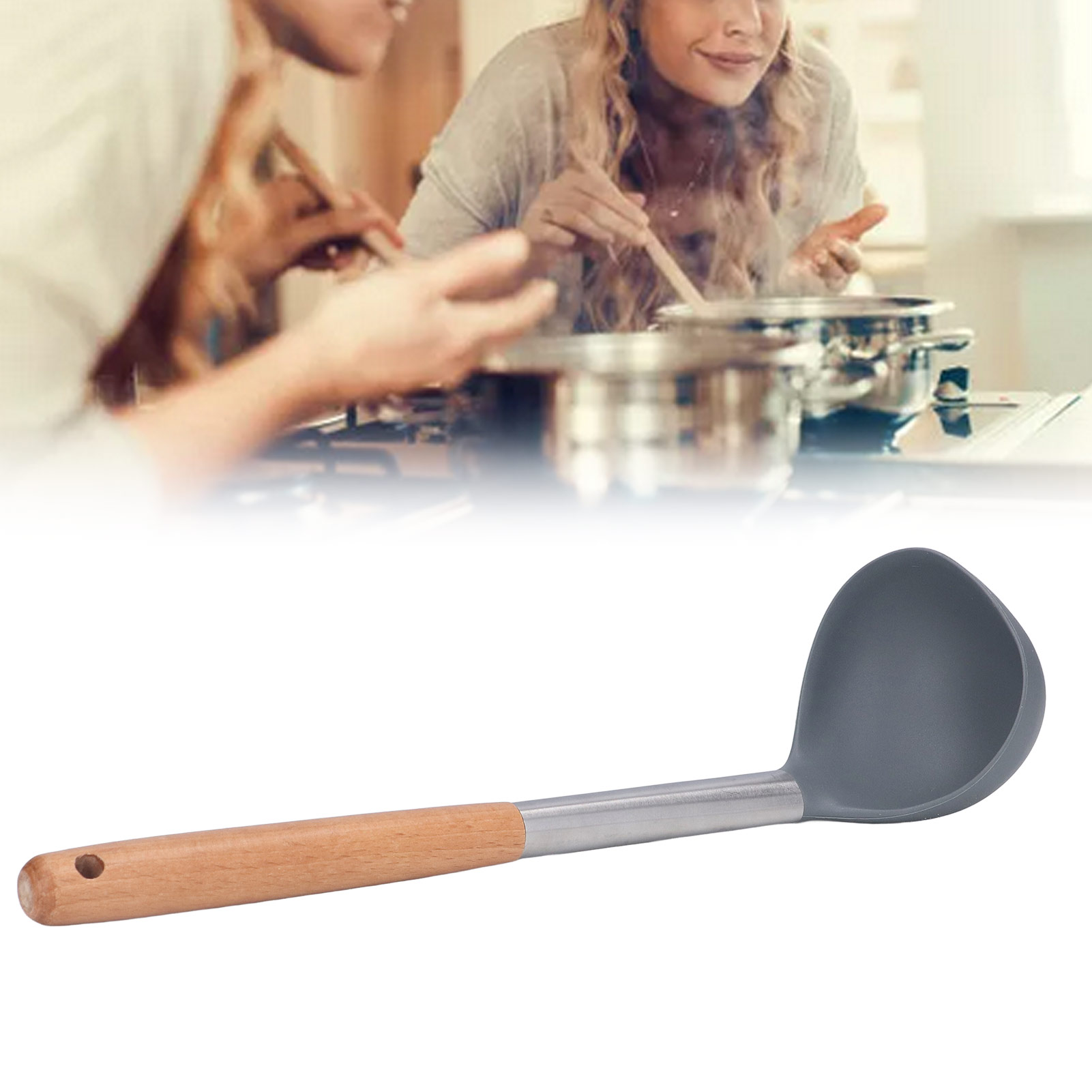 Silikon-suppenlöffel, Küchenutensil, Antihaftbeschichteter Suppenlöffel Mit Buchenholzgriff, Küchenhelfer