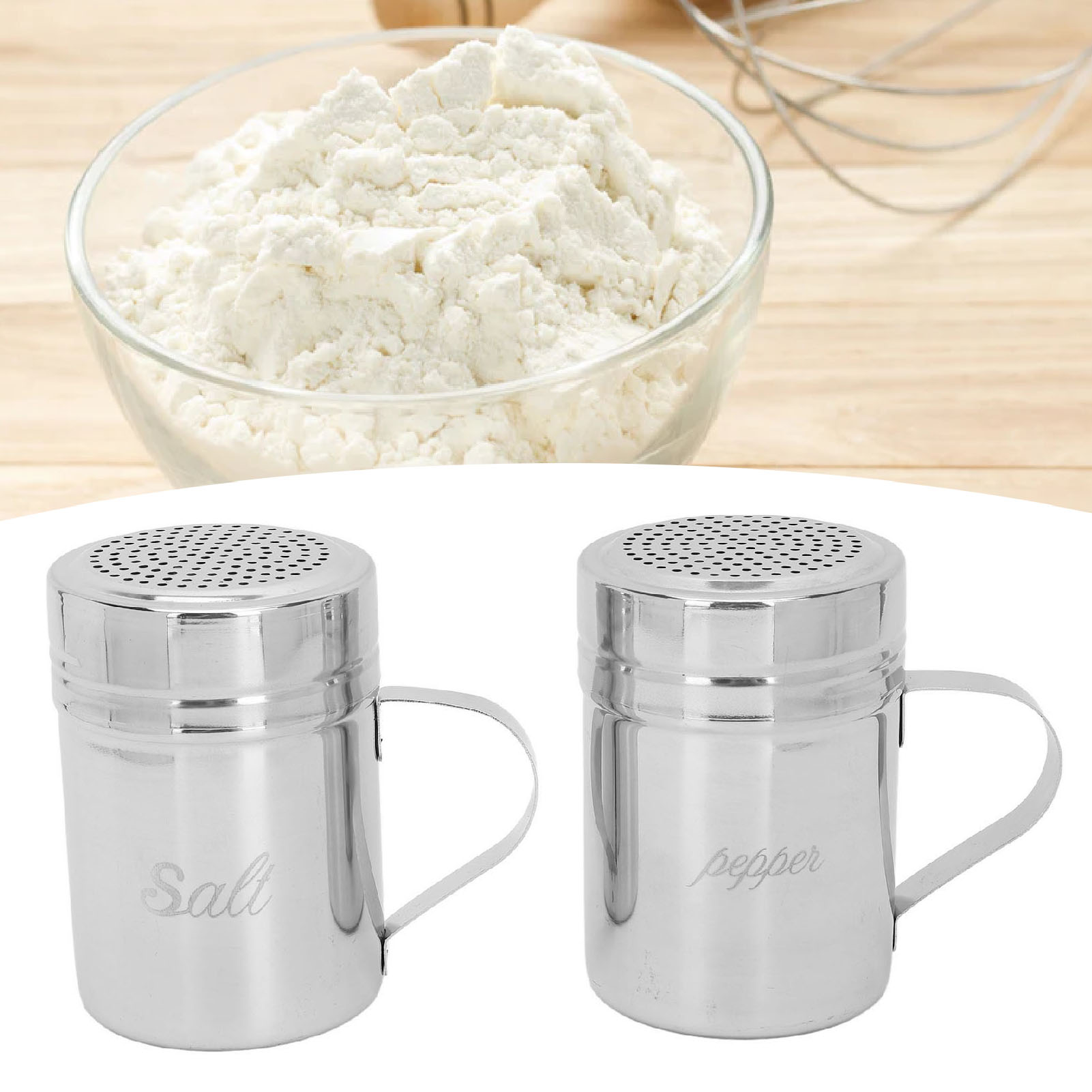 Set Aus 2 Salz- Und Pfefferstreuern Aus Edelstahl Mit Deckel Und Griff, Ideal Zum Kochen Und Backen.