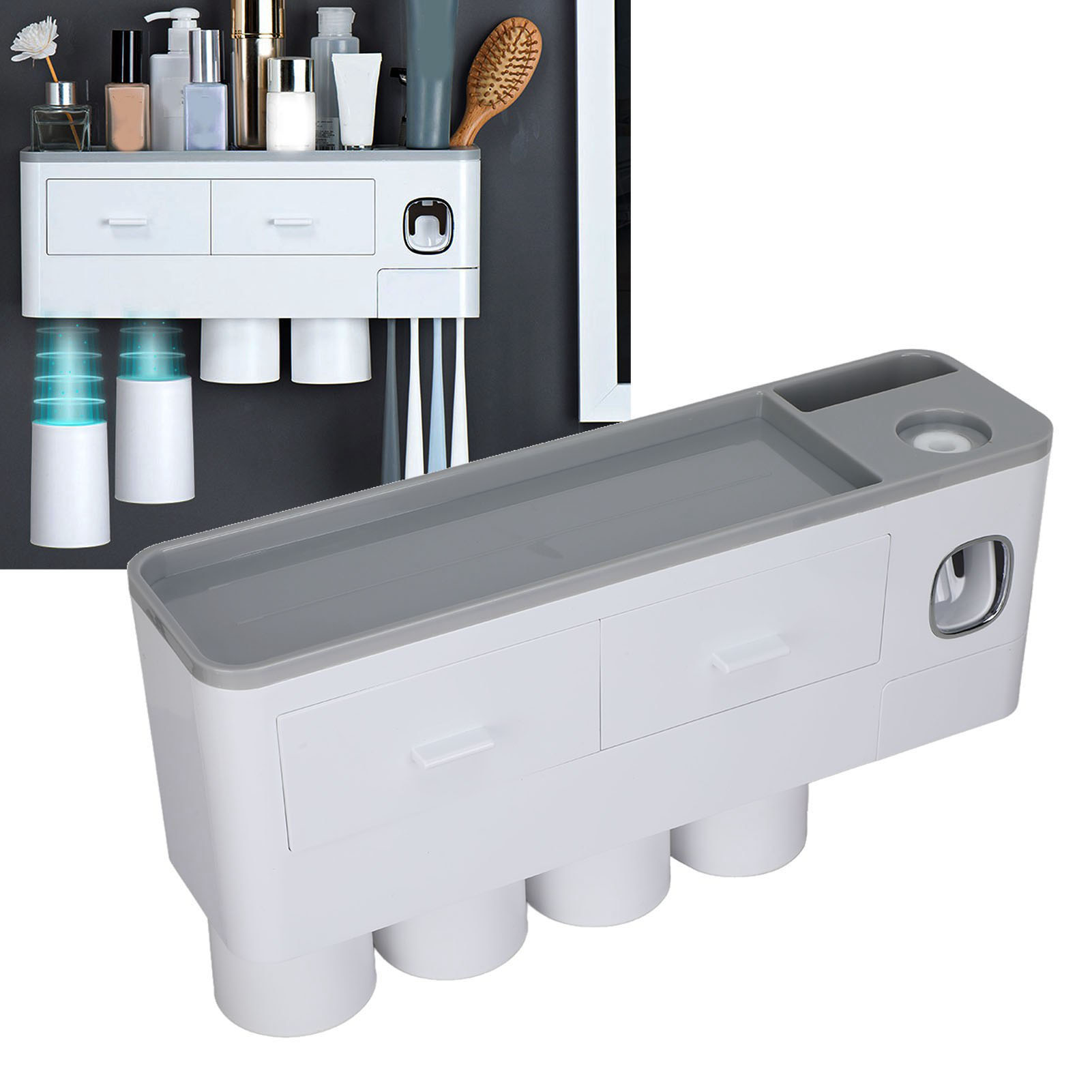 Toilettenartikel-set Bestehend Aus Einem Magnetischen Zahnbürstenhalter Zum Aufhängen, Einem Zahnpastaspender Und Einer Aufbewahrungsschublade.