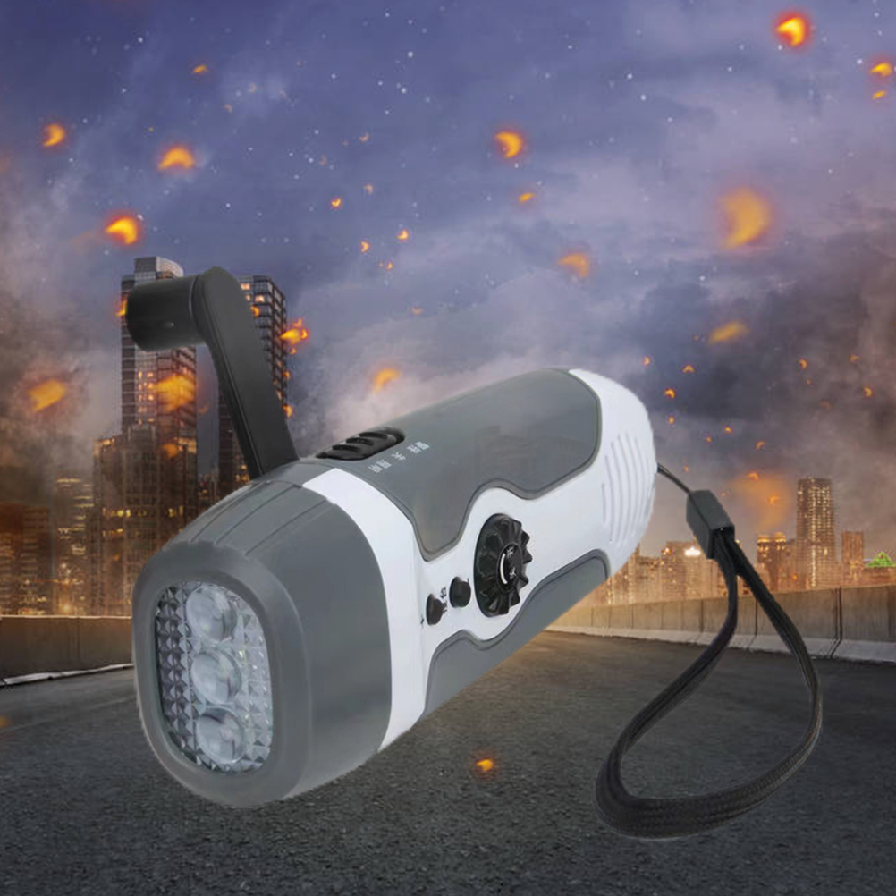 Kurbeltaschenlampe Mit 3 Leds, Alarmfunktion Und Notfall-fm-radio, Grau.