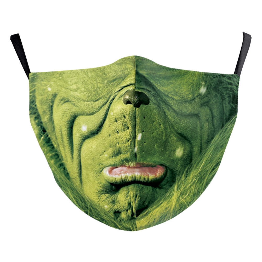 Waschbare Gesichtsmaske Aus Baumwolle Mit 3d-digitaldruck, Grünem Monster-motiv, Staubdicht, Mit Austauschbarem Filter (6 Stück), Für Halloween/weihnachten