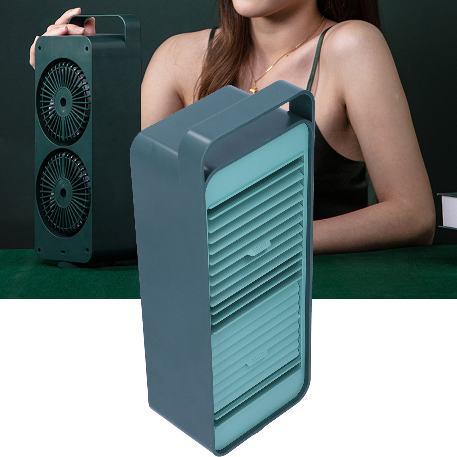Tischventilator Mit Zwei Rotierenden Flügeln, Usb-aufladbar, Grün.