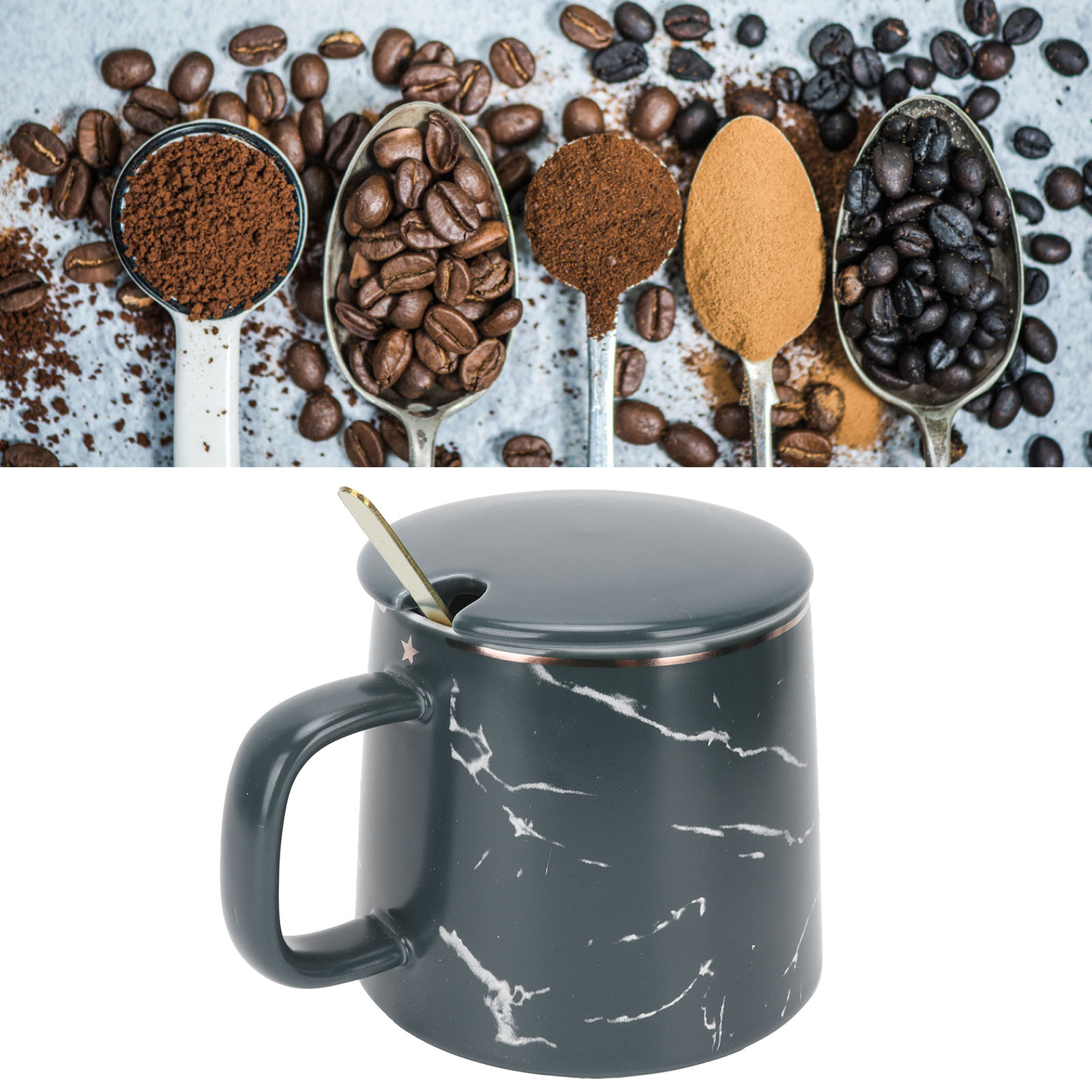 Becher Mit Marmormuster, Originelle Keramiktasse Mit Löffel Und Deckel, Ideal Für Zuhause, Reisen, Büro Und Outdoor-aktivitäten (grün).