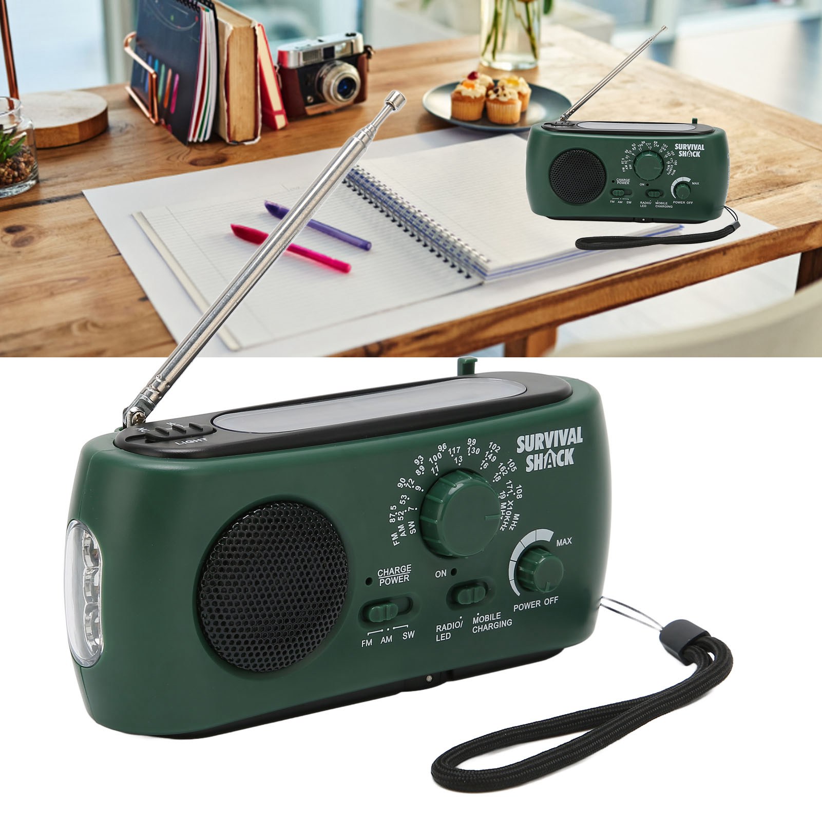Handkurbel-solarradio, Tragbare Led-taschenlampe, Outdoor-mehrband-solarradio (am/fm/sw)