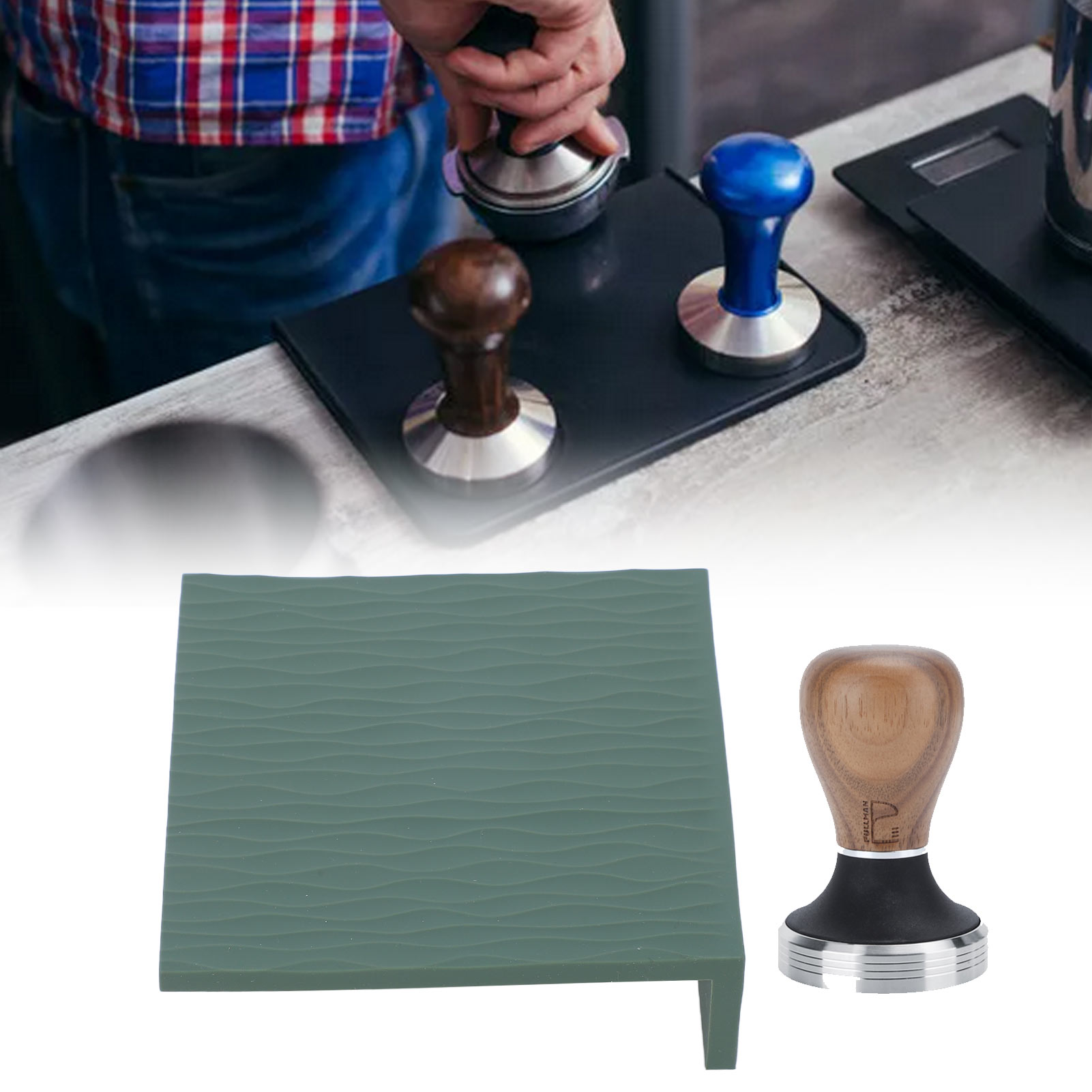 Grüne Kaffeetampermatte Mit 58 Mm Langem Walnussholzgriff Und Geprägtem Muster, Kaffeezubehörset.
