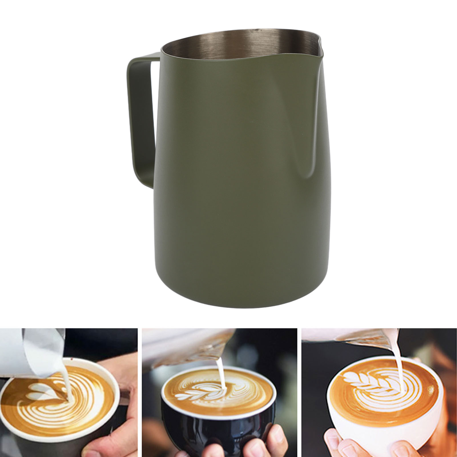 Latte-art-kanne Aus Militärgrünem Edelstahl Mit Abgewinkeltem Ausguss, Milchaufschäumer Und Latte-art-kaffeebecher, 450 Ml