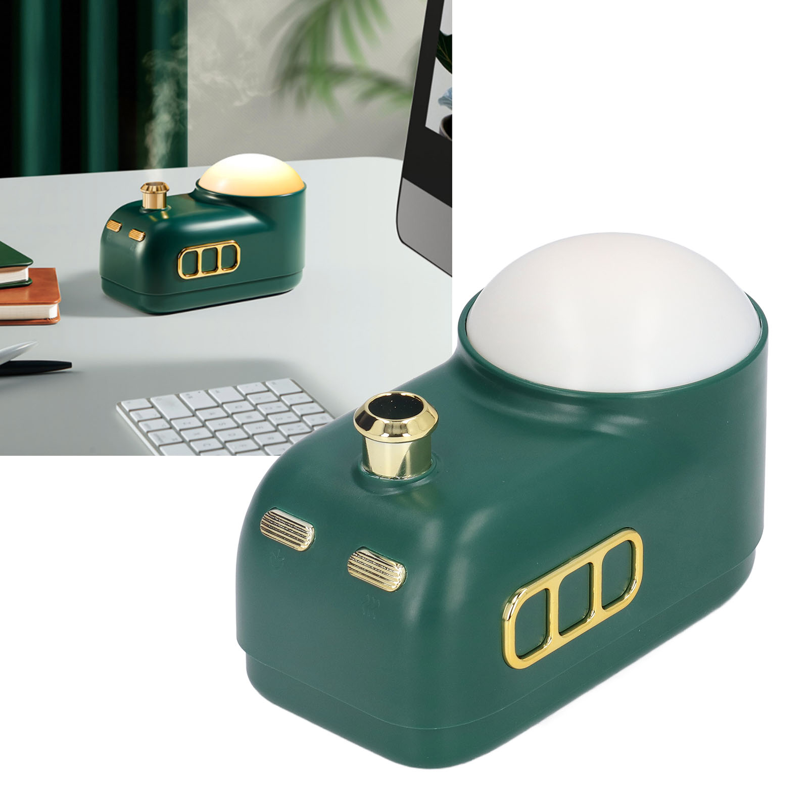 Miniatur-usb-luftbefeuchter In Form Einer Dampflokomotive Mit Integriertem Nachtlicht Und Retro-beleuchtung. Grün.
