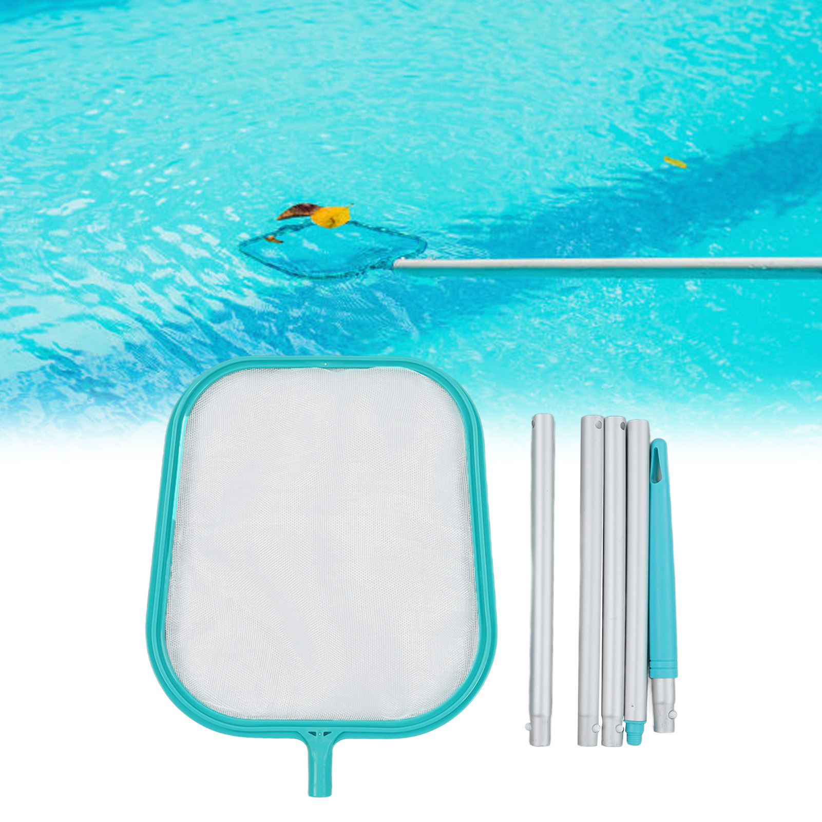 Poolreinigungszubehör: Hellblaues Laubnetz Mit Fünfteiligem Griff.