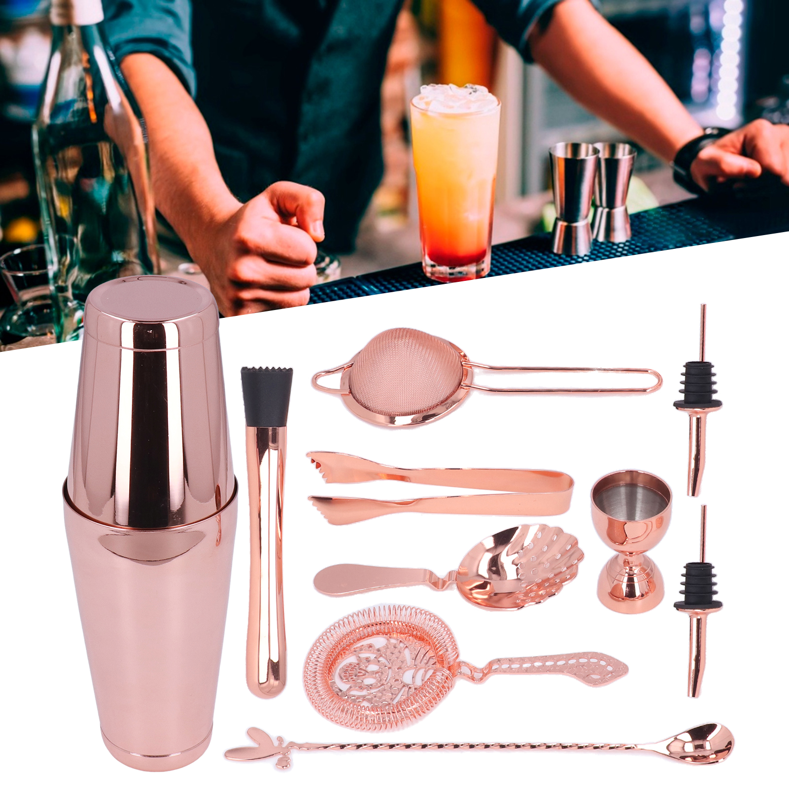 Boston Flask Barkeeper-set, 11-teiliges Cocktail-set, Barkeeper-shaker Im Indian Cup-stil, Roségold