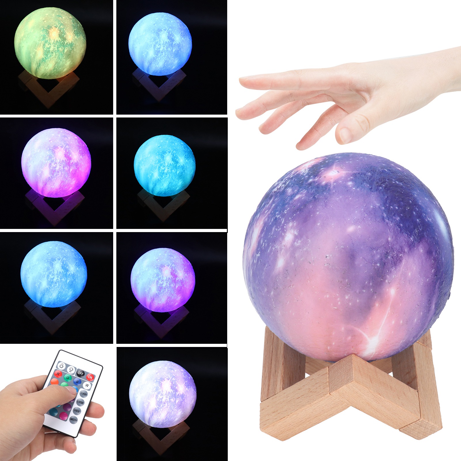 Mini-led-mondlampe Mit Usb-anschluss, Wiederaufladbar, 16 Farben, Nachtlicht Mit Fernbedienung Und Holzständer, Geburtstagsgeschenk