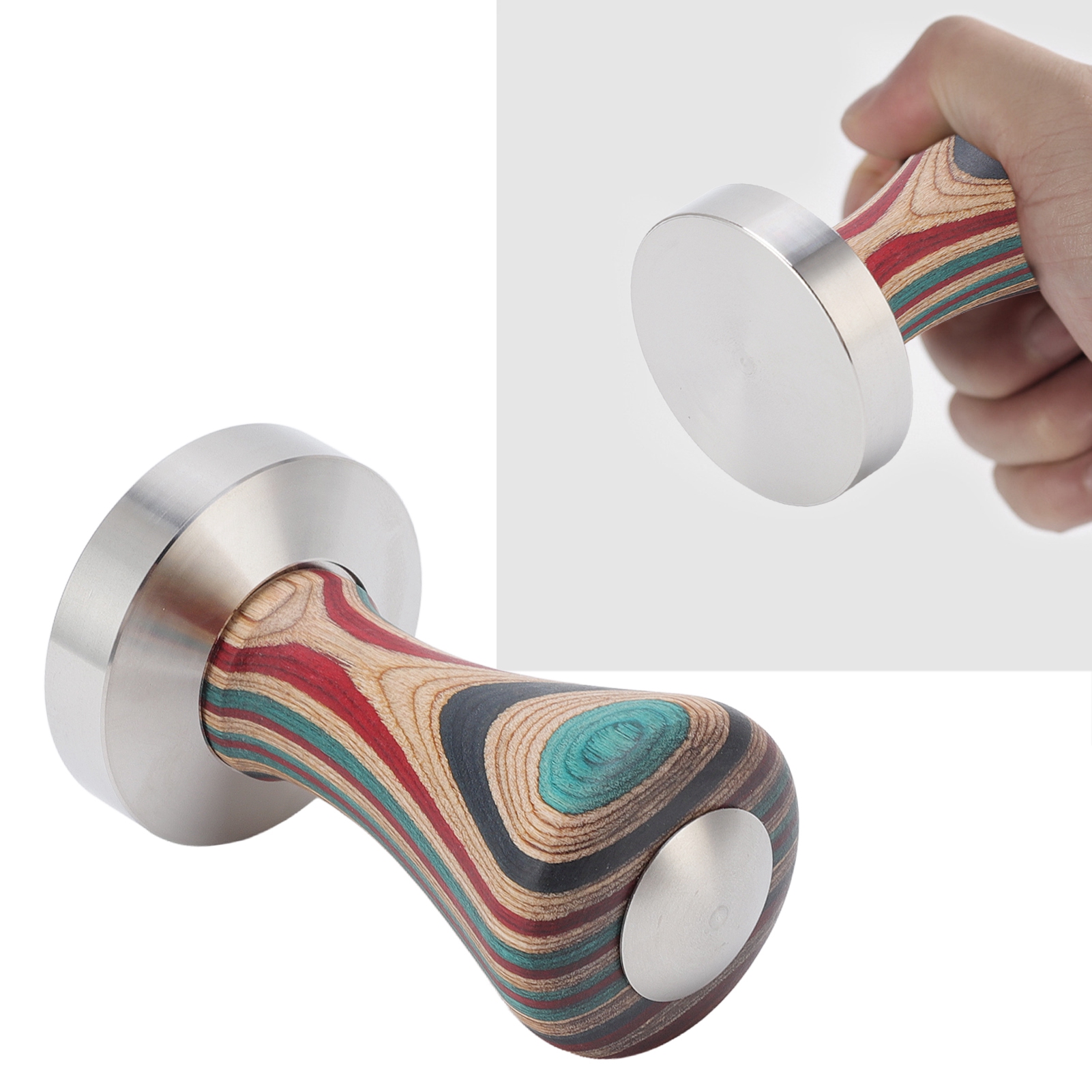 Flacher Kaffeetamper Aus Farbigem Holz, Edelstahlfuß, Kaffeepulverhammer Für Kaffeezubehör, 51 Mm