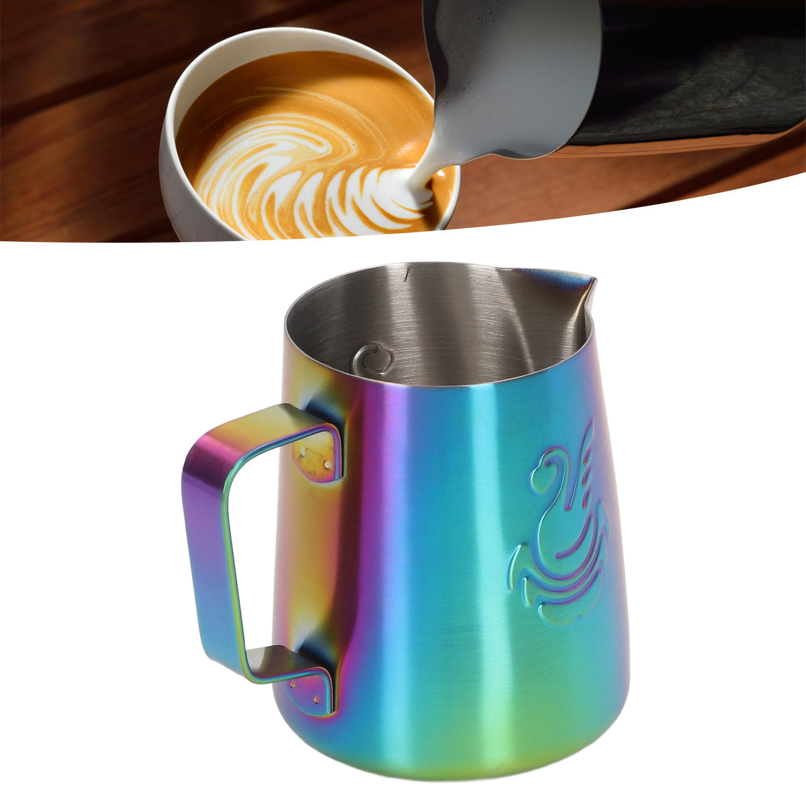 380 Ml Latte-art-becher Mit Klappgriff Und Glänzender Oberfläche, Aus Edelstahl 304, Mit Spitzem Ausguss Und Schwanenmotiv, Verziert Mit Farbenfrohen Mustern.