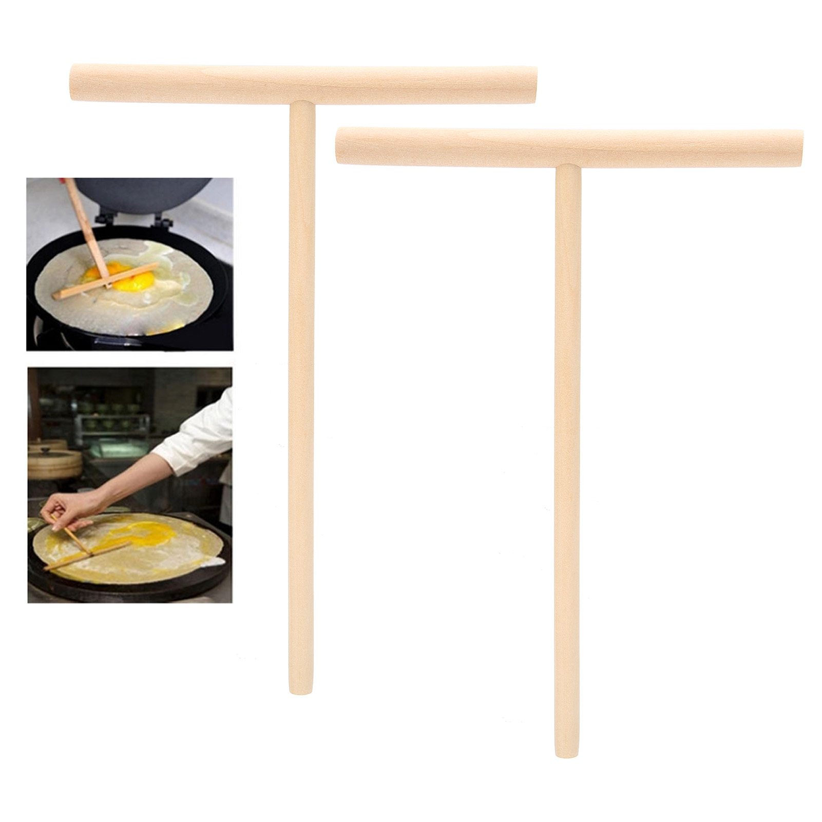 Set Aus 2 T-förmigen Holzspateln Zum Verteilen Von Pfannkuchenteig, Für Den Gebrauch In Der Küche.