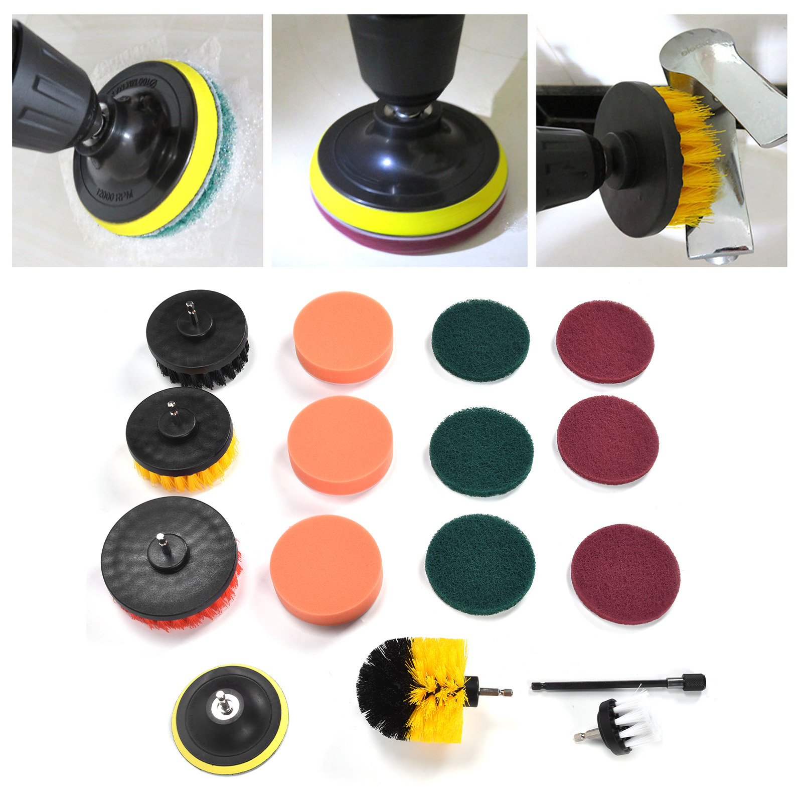 Set Mit 16 Bohrmaschinenreinigungsbürsten, Schwämmen Und Scheuerpads Zur Reinigung Von Wänden Und Böden Sowie Zum Abstauben