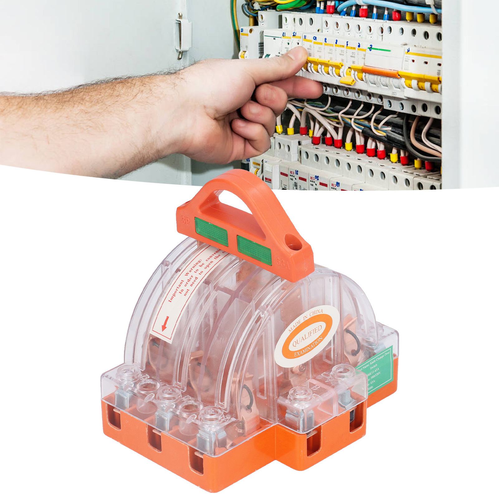 63 Ein Dreipoliger Bidirektionaler Messerschalter, Transparentes Vollkupfergehäuse, 380 V Ac, Mit Kontrollleuchte.
