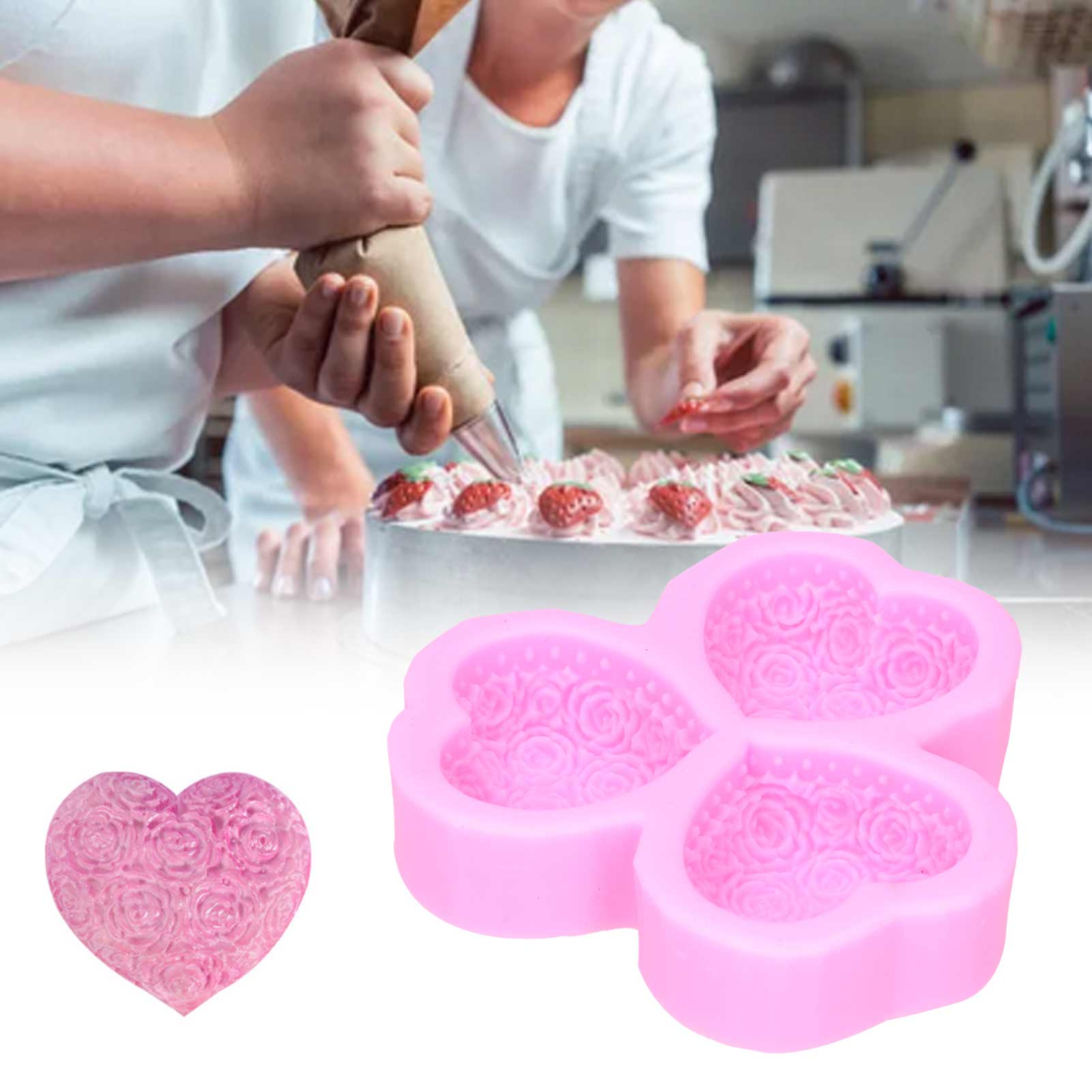 Herzförmige Silikon-seifenform Mit 3 Mulden, Rosa Muster, Zum Dekorieren Von Kuchen Und Fondant (rosa)