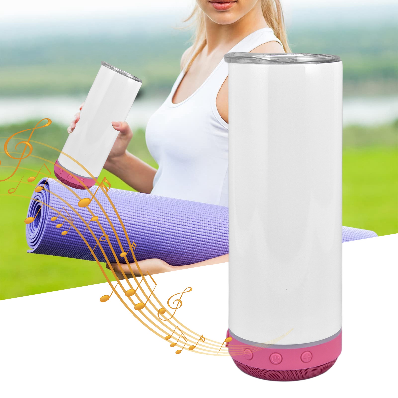 590 Ml (20 Oz) Gerader Zylindrischer Becher Mit Thermosublimation, Musikdesign, Abnehmbarem Bluetooth-lautsprecher Und Rosarotem Hintergrund.