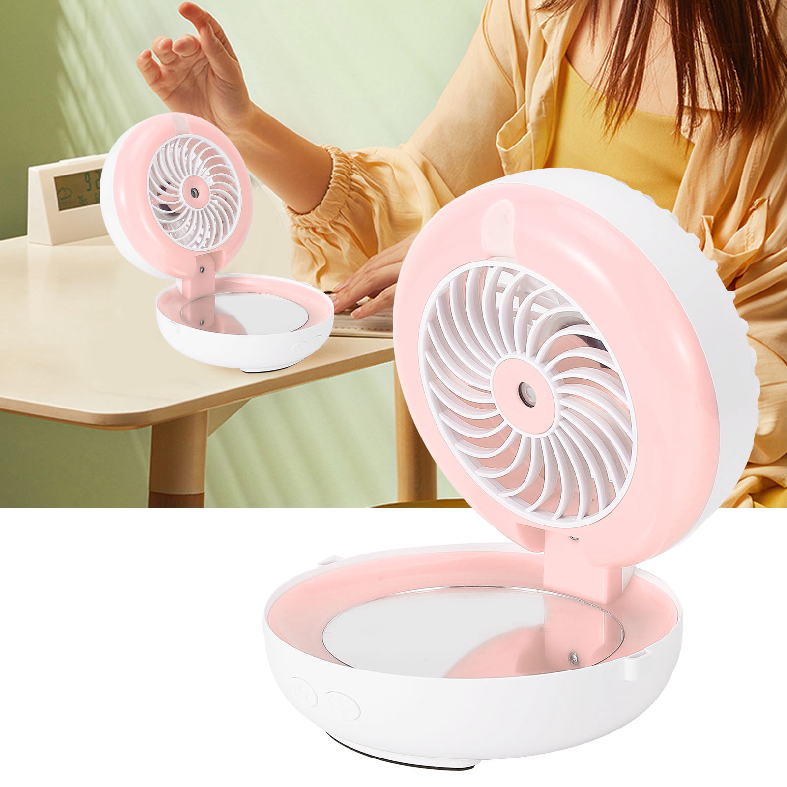 Tragbarer, Multifunktionaler Faltventilator Mit Kosmetikspiegel Und Luftbefeuchter, Usb-aufladbar, Rosa