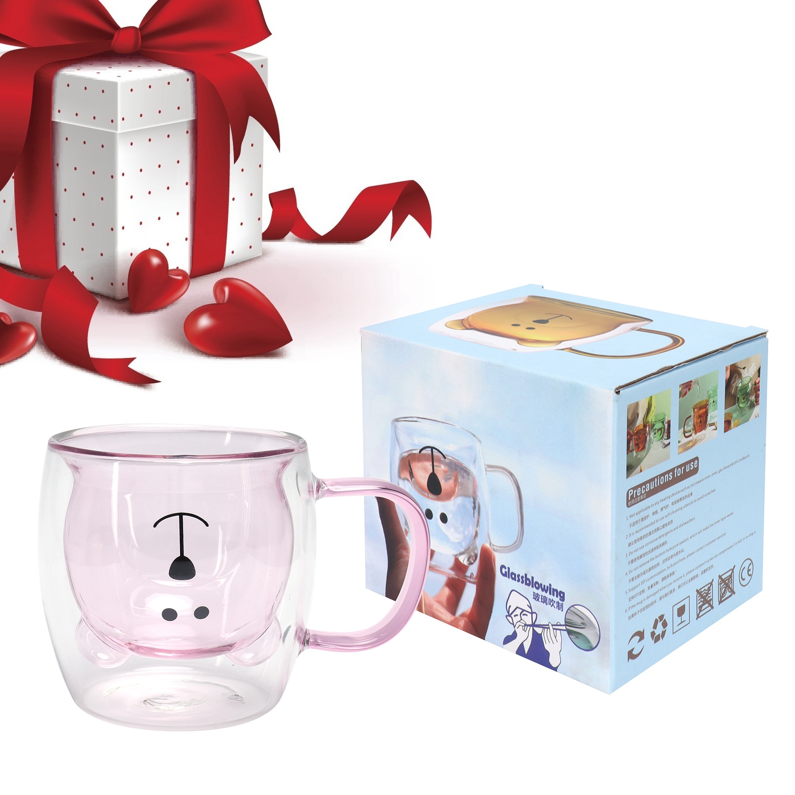 Doppelwandiger Glasbecher In Bärenform (250 Ml) Mit Henkel, Ideal Für Wasser, Tee, Kaffee Oder Milch. Rosa.