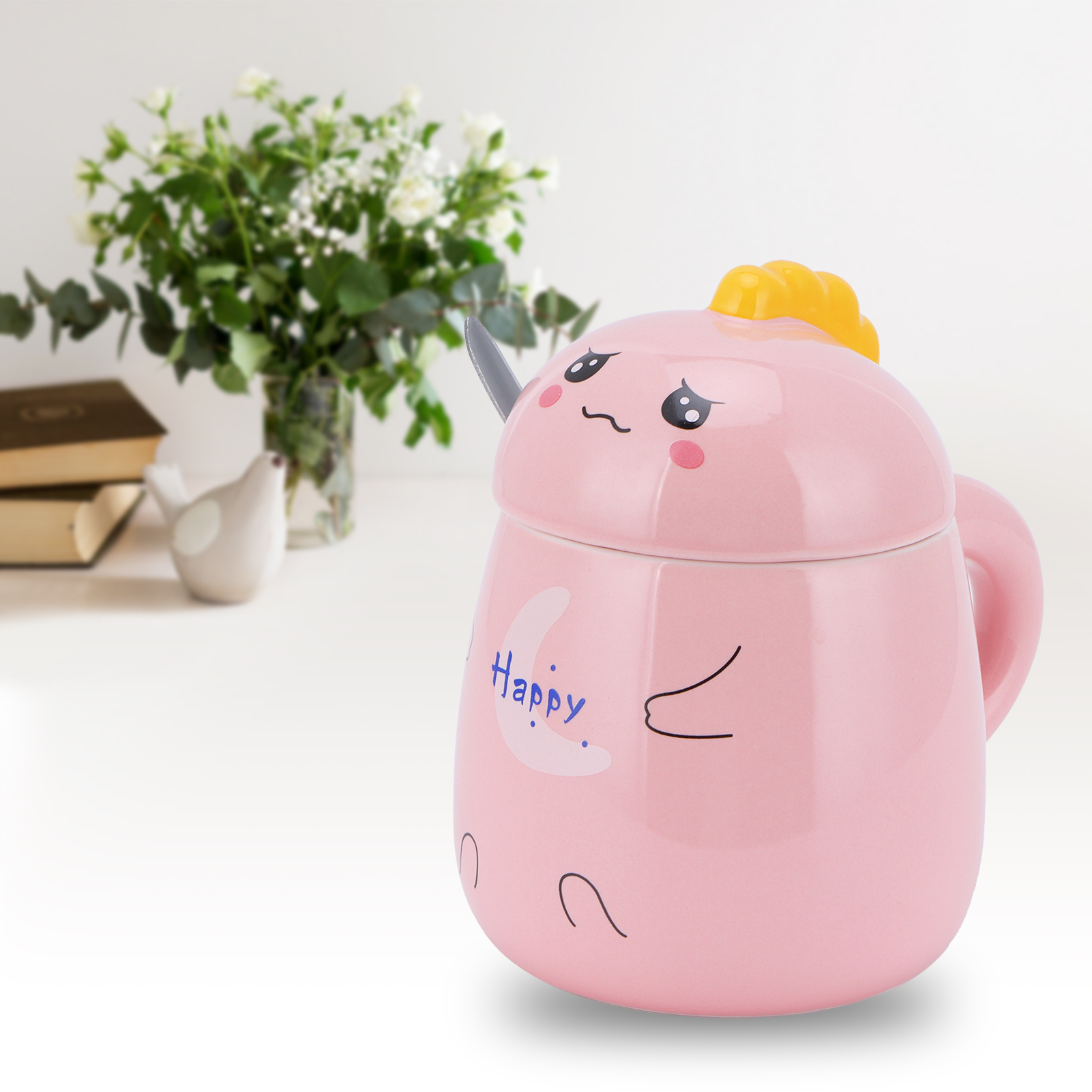 Niedlicher 450-ml-keramikbecher Mit Deckel Und Löffel, Ideal Für Wasser, Kaffee Oder Andere Aktivitäten. Perfektes Geschenk Für Mädchen, Für Zuhause Oder Das Büro. Fröhliches Rosa.