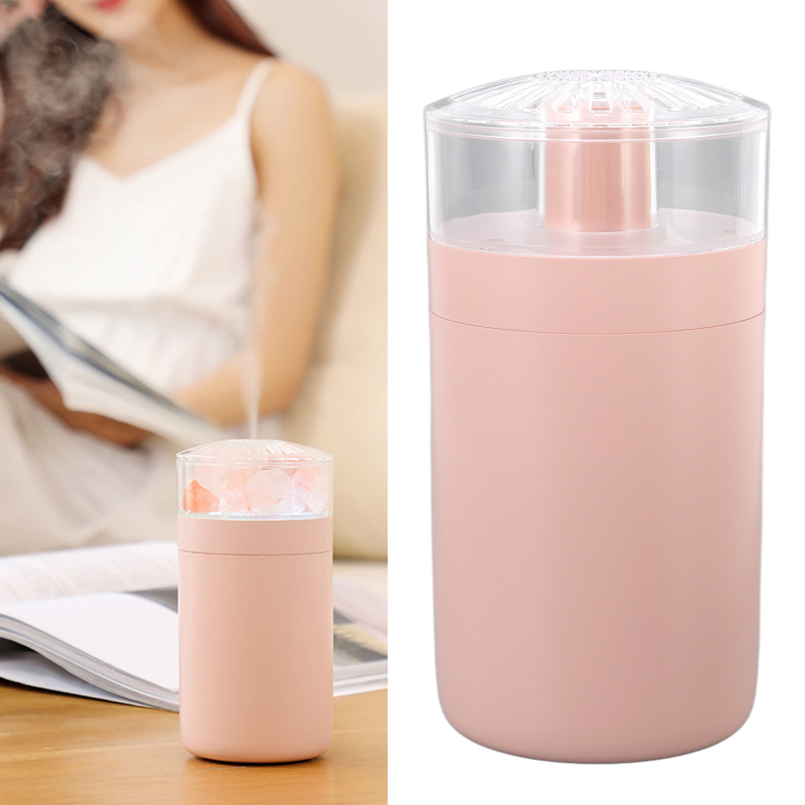 Mini-luftbefeuchter, Tragbar, 250 Ml, Usb-betrieben, Mit Bergkristallen, Rosa, Ideal Für Auto, Büro, Schlafzimmer Und Wohnzimmer.