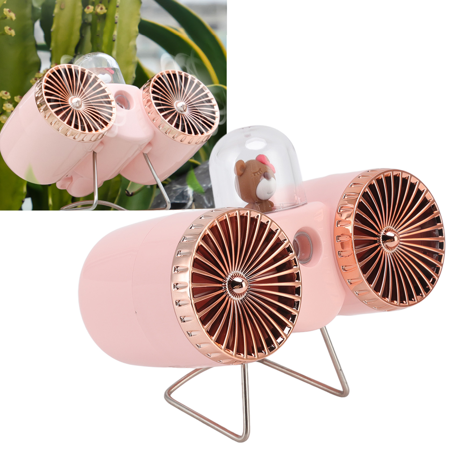 Elektrischer Doppelventilator, Inspiriert Von Flugzeugtriebwerken, Sprühventilator, Mini-tischventilator, Usb-aufladbar, Rosa.