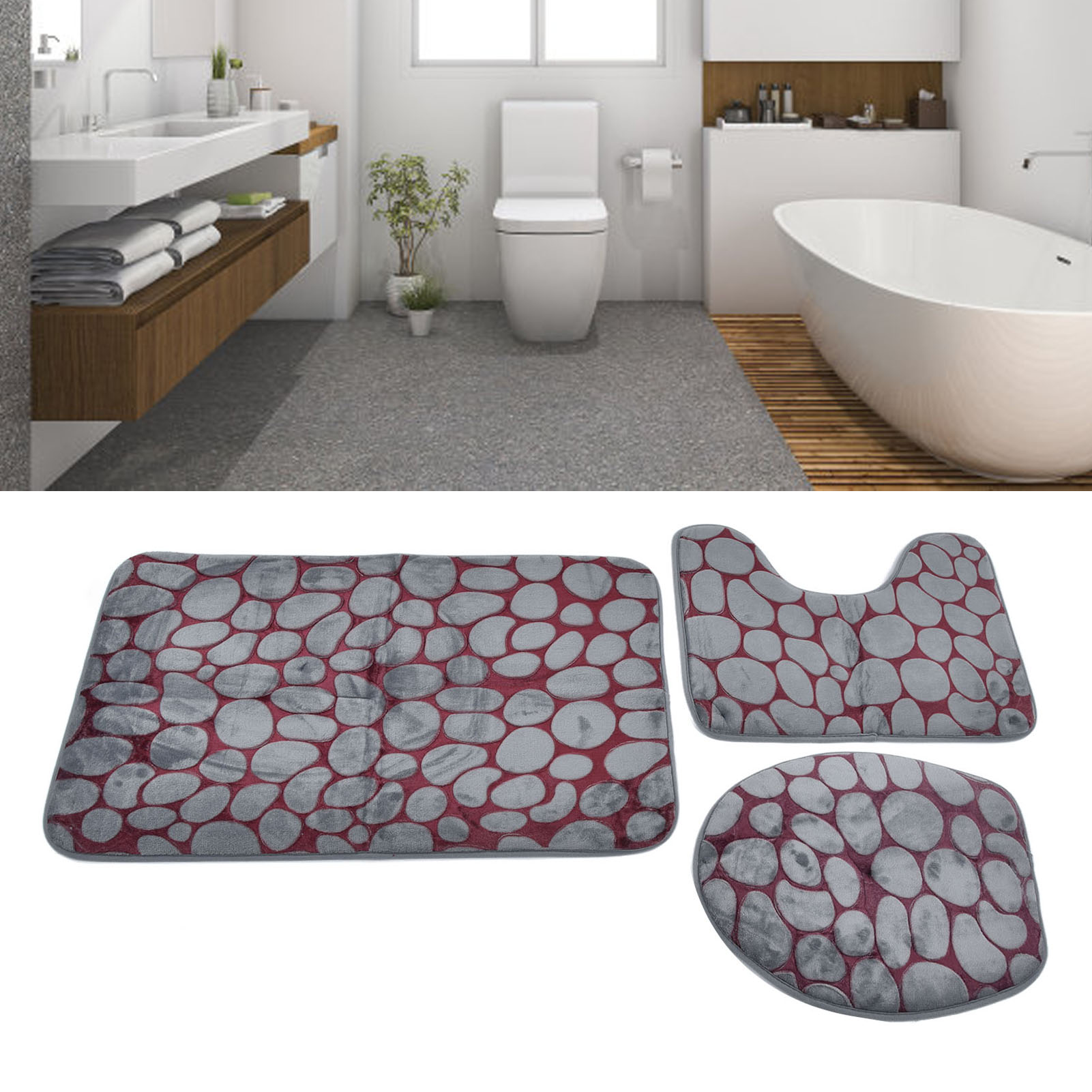 Dreiteiliges Set Bestehend Aus Toilettenmatten Mit Steinmuster, Flanell-badematten Und Rutschfesten Badematten.