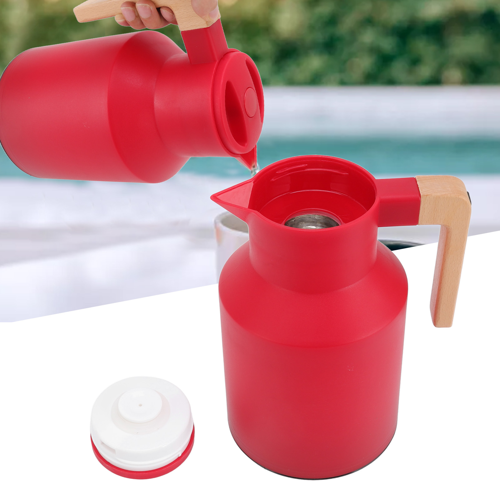 Isolierte 1-liter-flasche/kaffeemaschine Im Europäischen Stil Mit Buchenholzgriff (rot)