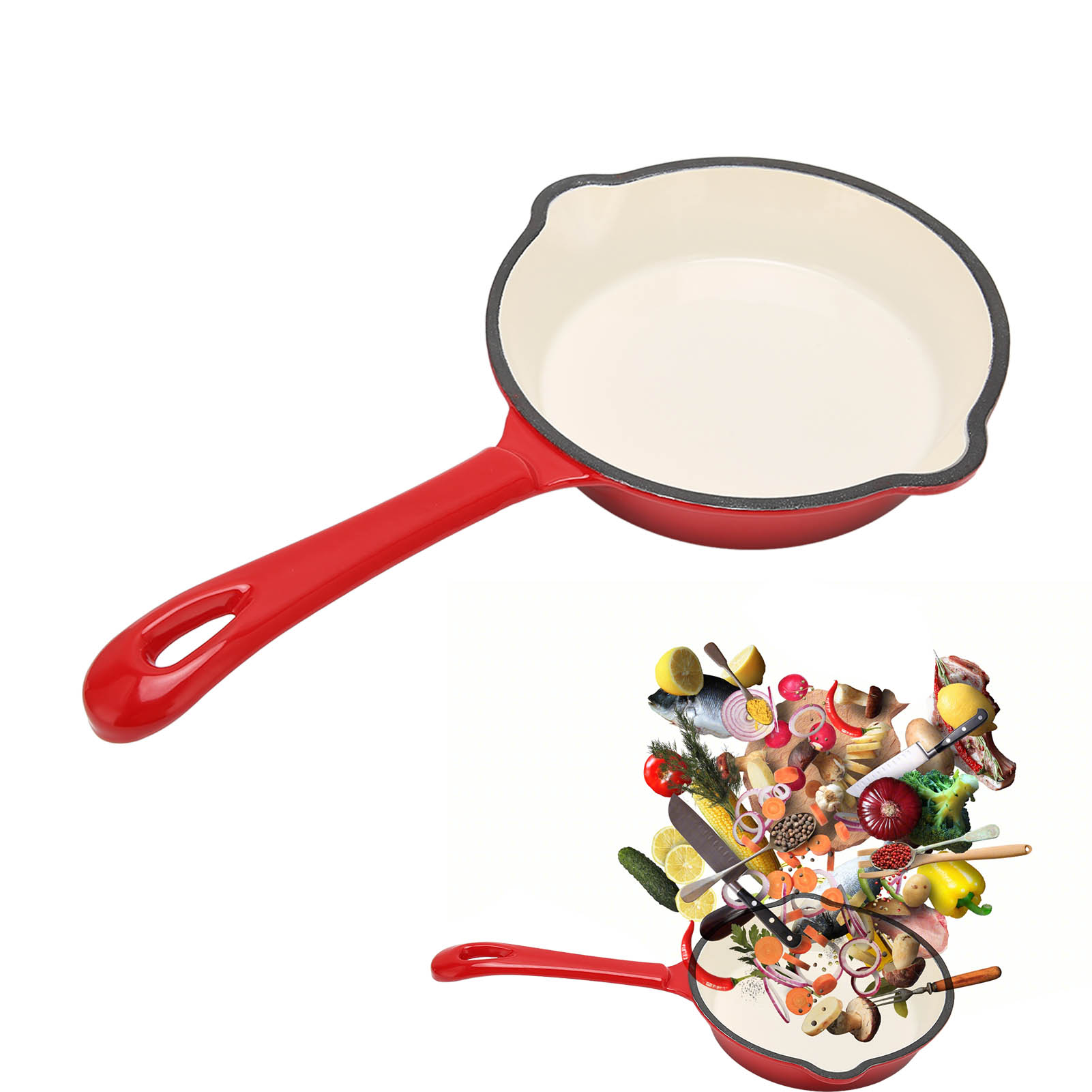 16 Cm Große, Rote, Antihaftbeschichtete Gusseisen-bratpfanne Mit Dicker Emaille-schale