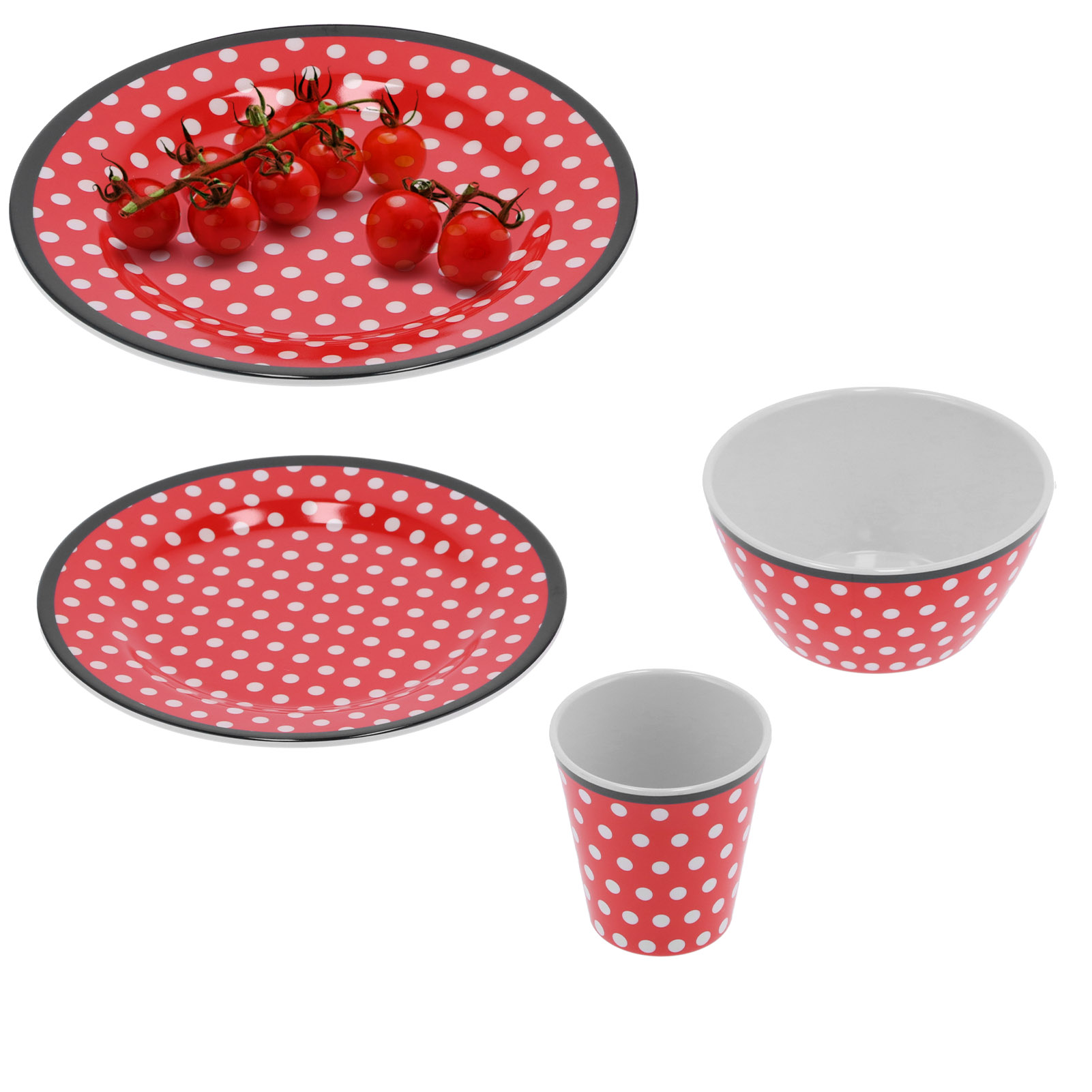 Geschirrset Mit Roten Punkten: Obstteller, Schüssel Und Tasse, Küchenaccessoires.