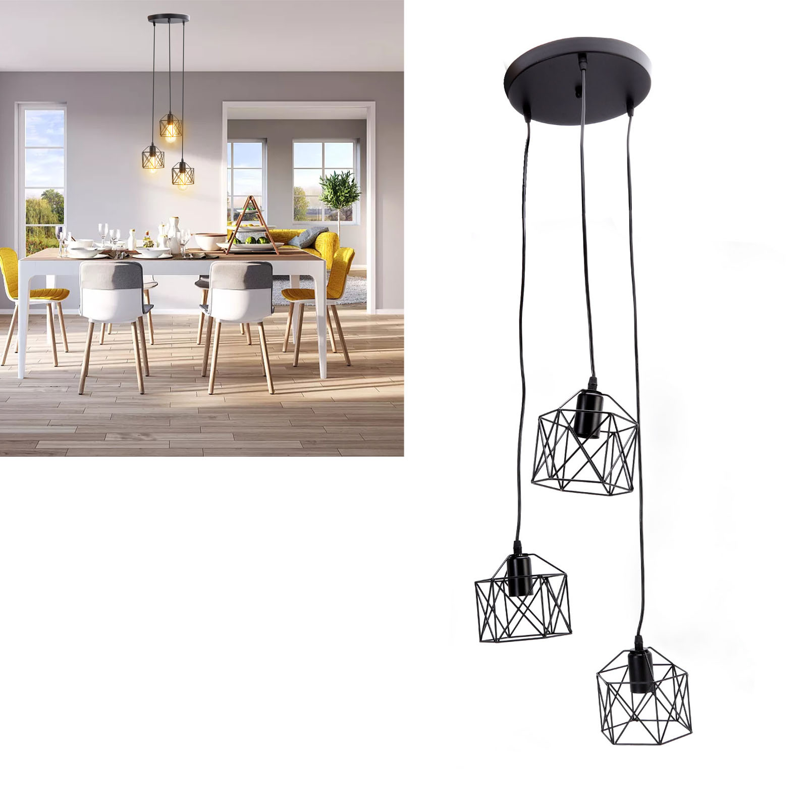 Minimalistischer Kronleuchter Im Industriellen Retro-stil, E27-fassung Mit Drei Pendeln, Metallstruktur, Ideal Für Flur, Küche Oder Treppenhaus.