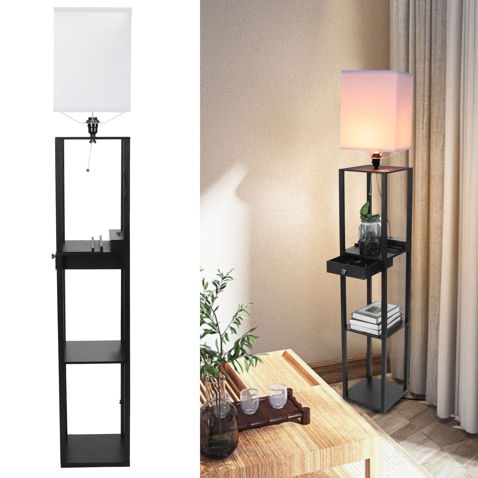 Quadratische Stehlampe Mit 3-stufigem Ablagefach Und Kleiner Schublade Für Den Wohnbereich, 110-240v Stecker.