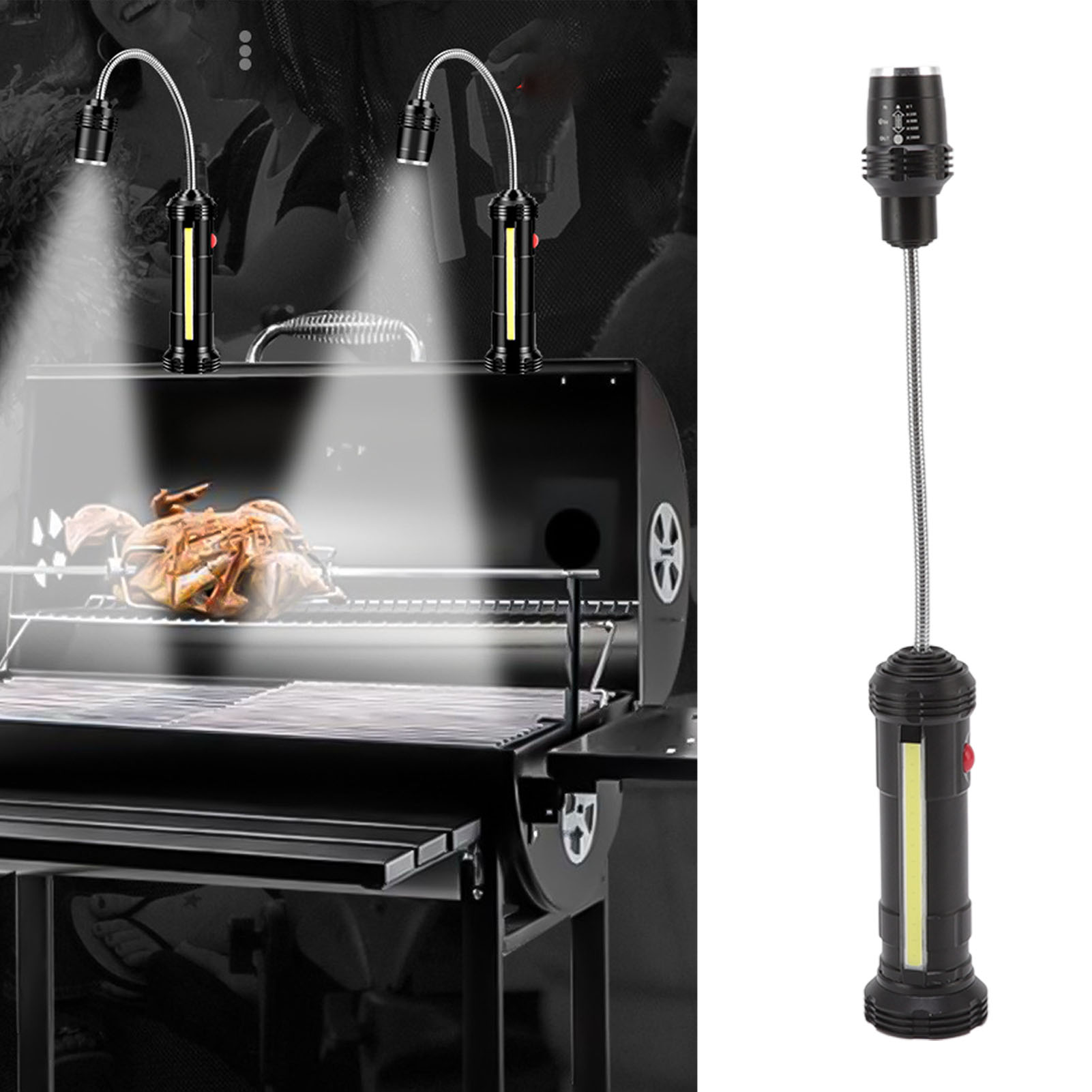 Magnetische Grillleuchte Mit Seitenlicht, Zoombar, Wasser- Und Hitzebeständig, Led Und Flexiblem Schwanenhals.