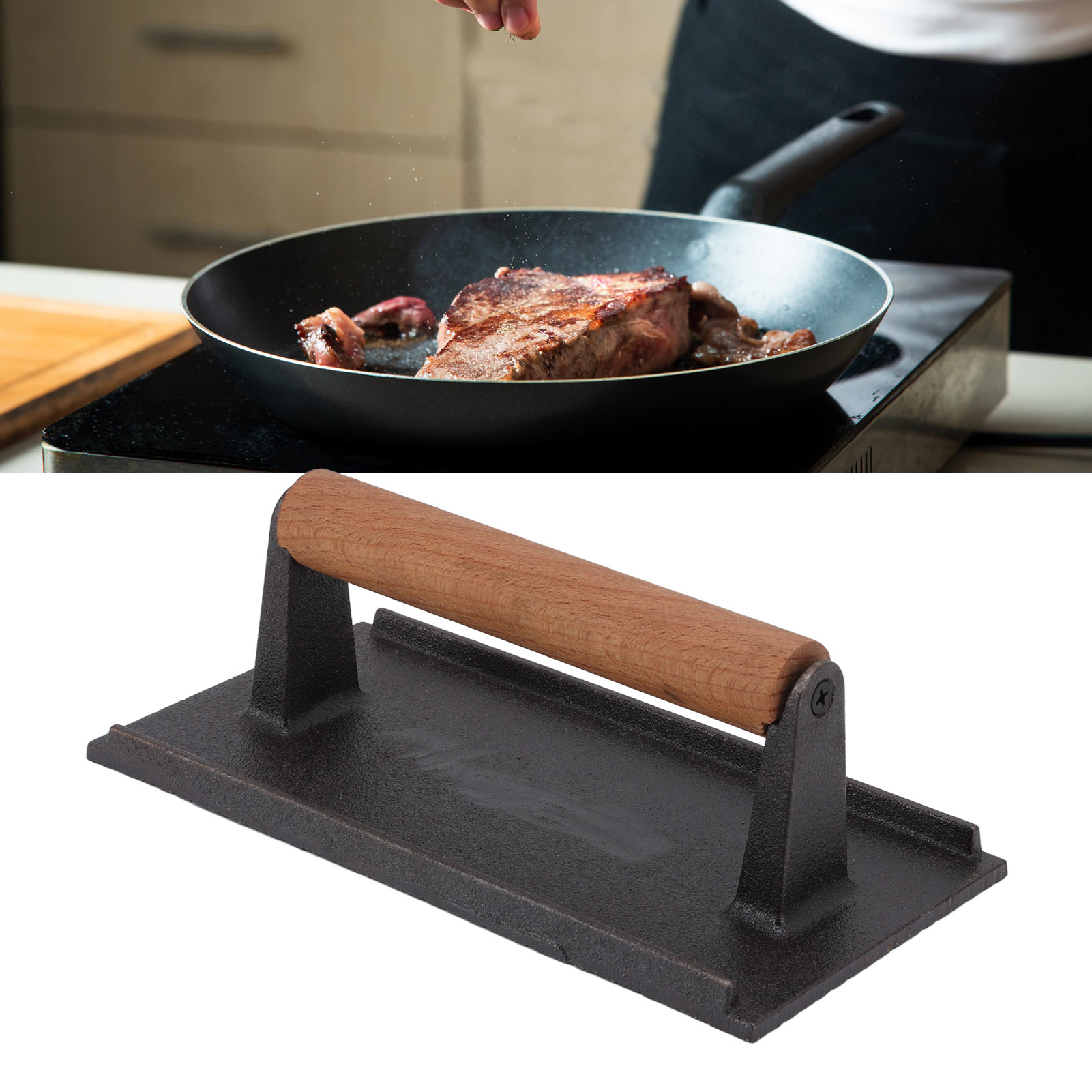 Rechteckige Fleischpresse Für Teppanyaki Mit Holzgriff, Gusseiserne Fleischpresse, Zum Grillen Von Tintenfisch, Pfannenrühren Von Steaks, Grillwerkzeug, Rechteckige Fleischpresse 1323cm.