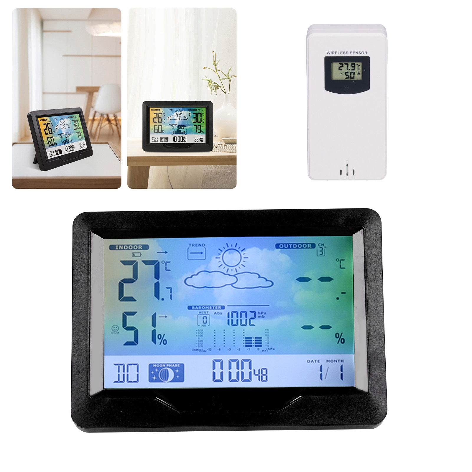 Kabellose Wetteruhr Mit Farbdisplay, Thermometer Und Hygrometer, Elektronischer Uhr Und Kalender