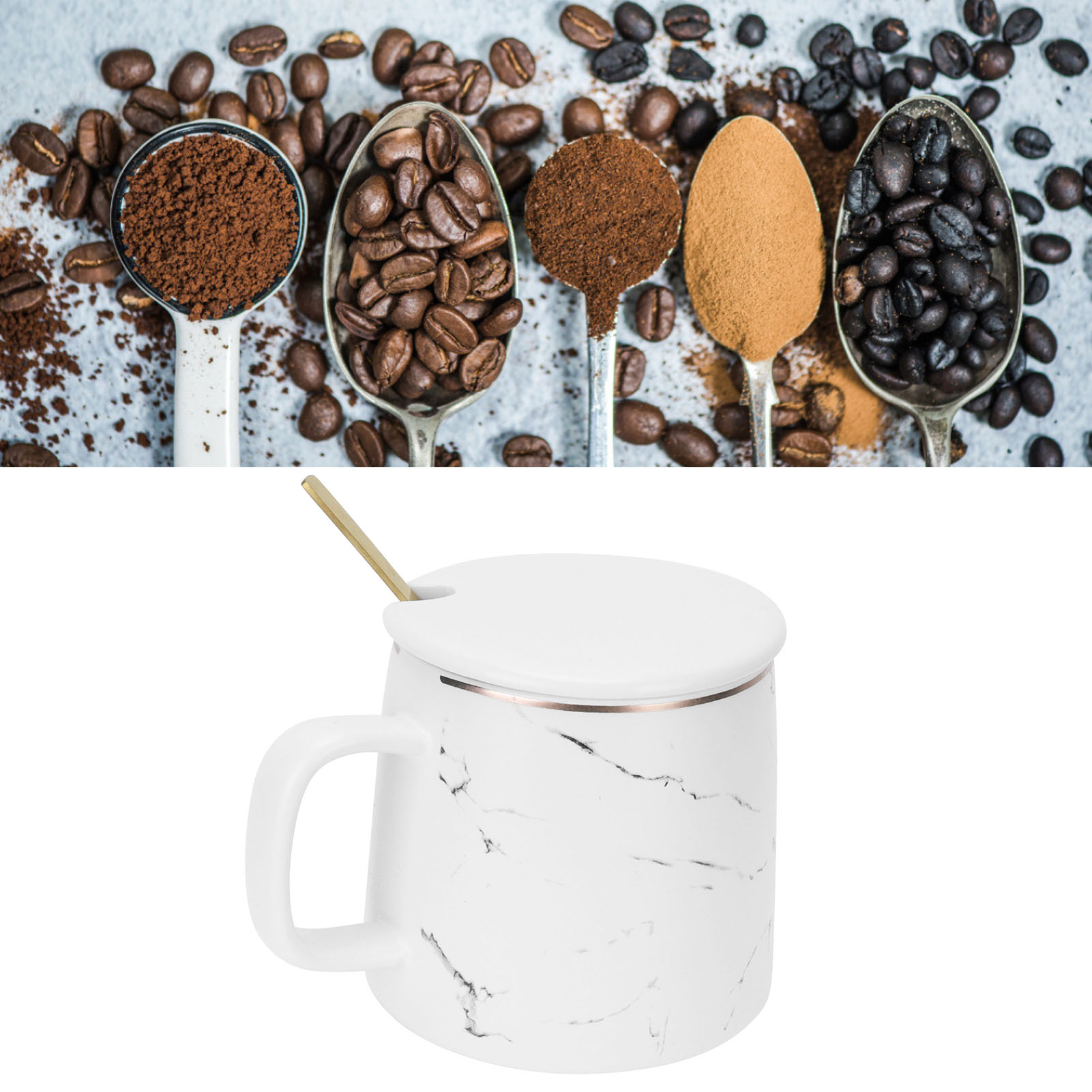 Keramikbecher Mit Marmormuster, Inklusive Löffel Und Deckel, Ideal Für Zuhause, Reisen, Büro Und Outdoor-aktivitäten (weiß).