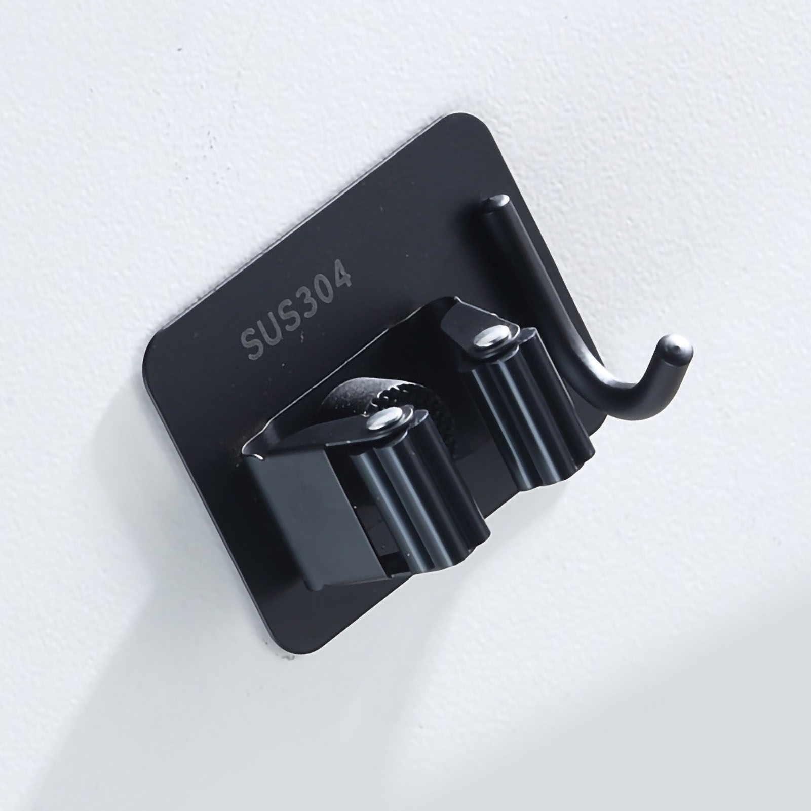 Besenclip Aus Edelstahl, Bohrfreier Besenhalter, Besenhaken, Klebehaken, Besentuchhalter, Hitzebeständige Einbrennlackierung, Elegantes Schwarz Mit Haken.