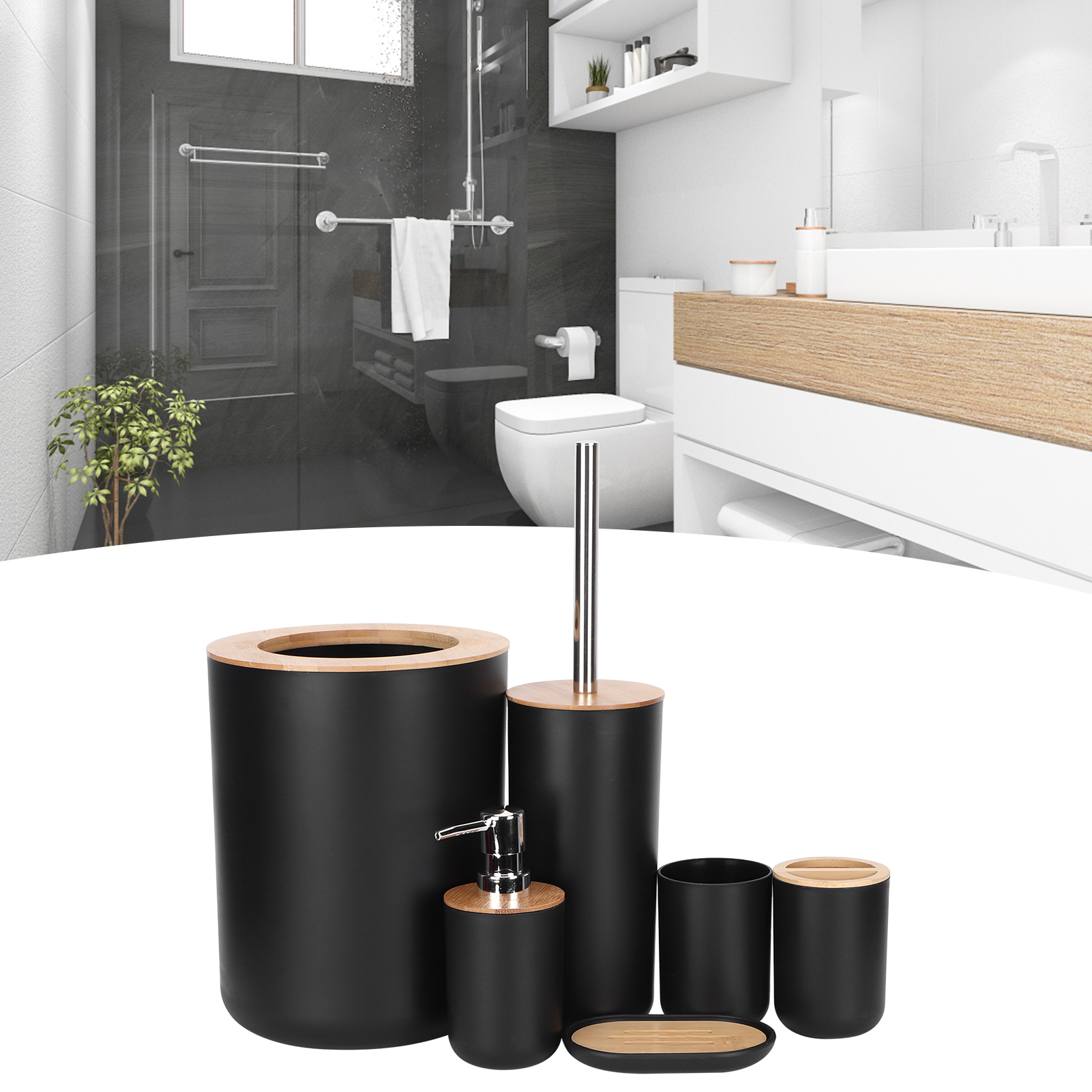 6-teiliges Badezimmer-accessoire-set: Zahnbürstenhalter, Abfalleimer, Seifenschale, Seifenspender, Becher Und Toilettenbürste