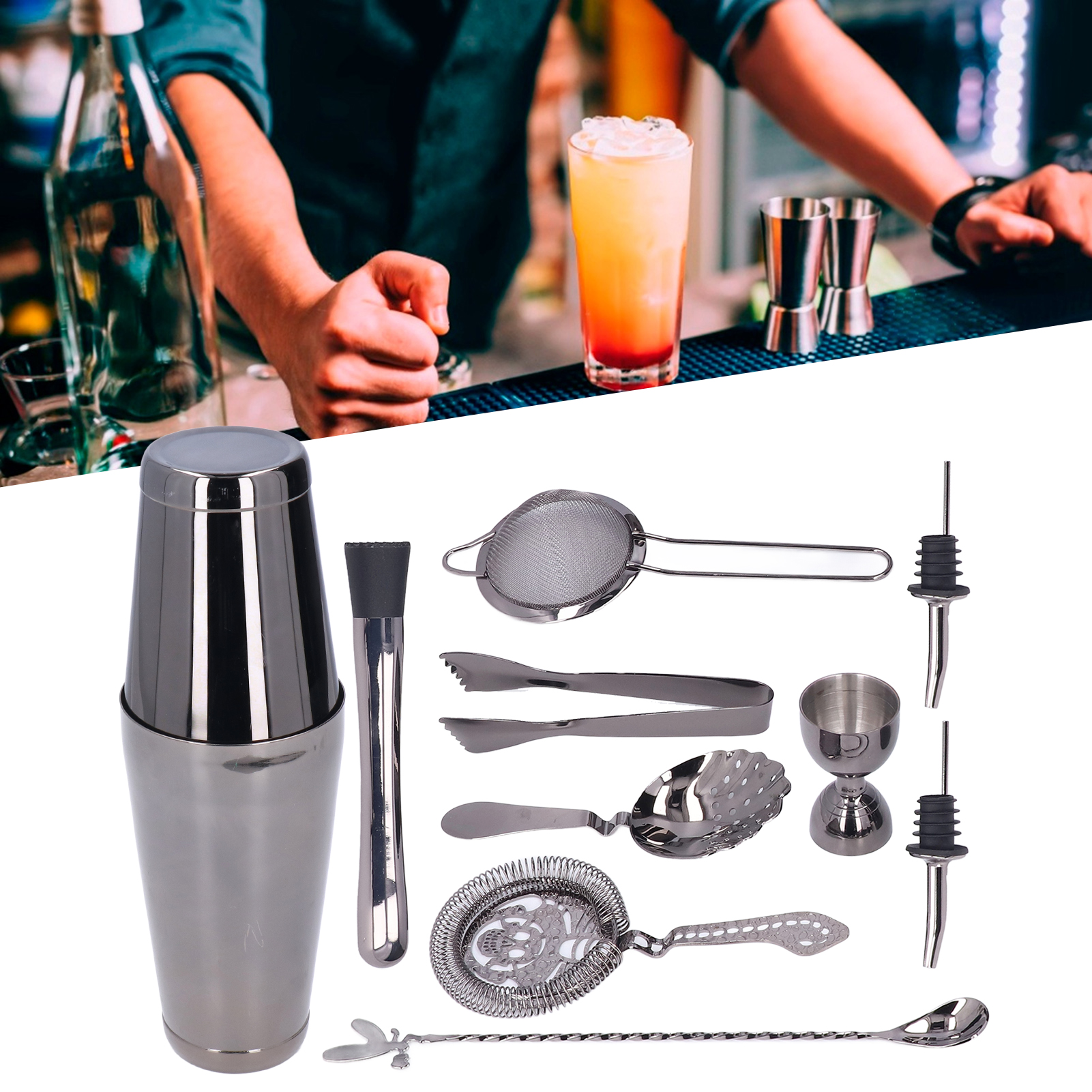 Boston Flask Barkeeper-set, 11-teiliges Cocktail-set, Indian Cup Shaker, Gunmetal Black