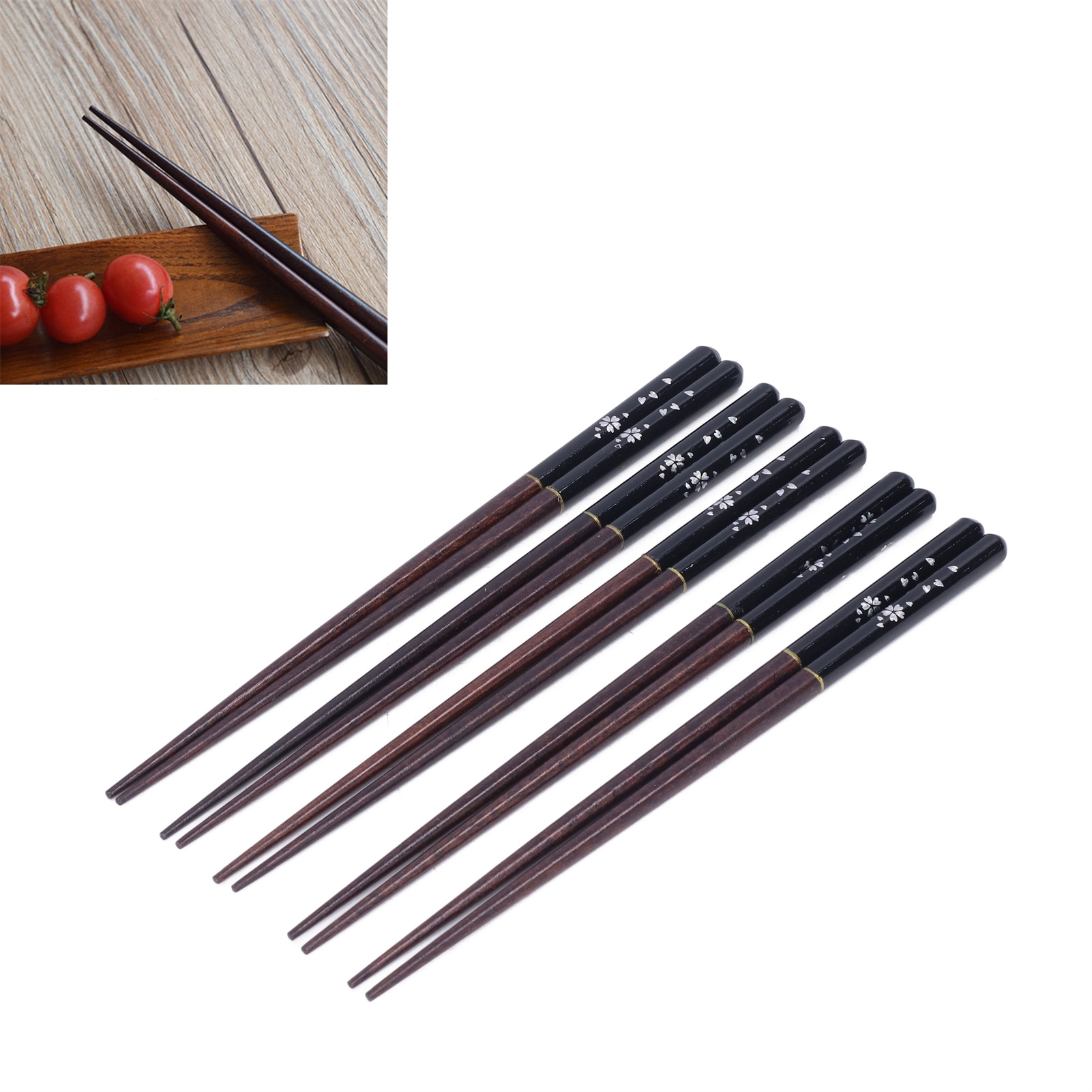 Geschenkbox Im Japanischen Stil Mit 5 Paar Essstäbchen Aus Holz Mit Floralem Muster, Modell D, Schwarz Mit Kirschblütenprint.