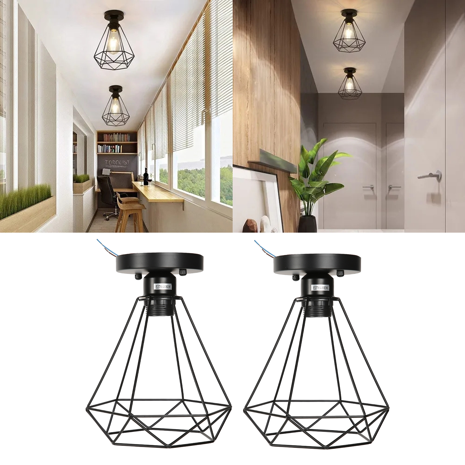 Minimalistische E27-deckenleuchte Im Retro-industrie-stil Aus Schwarzem Eisen Mit Metallkäfig, Ideal Für Eine Amerikanische Landhausatmosphäre (2er-set).