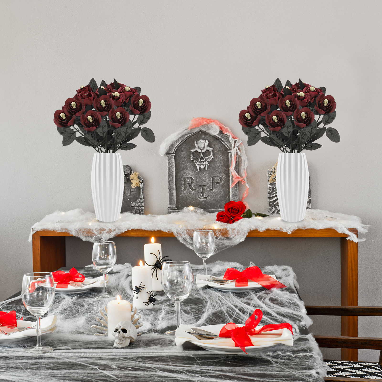 Künstliche Halloween-rosen Mit Totenkopfmuster – Schwarz Mit Totenkopfdesign