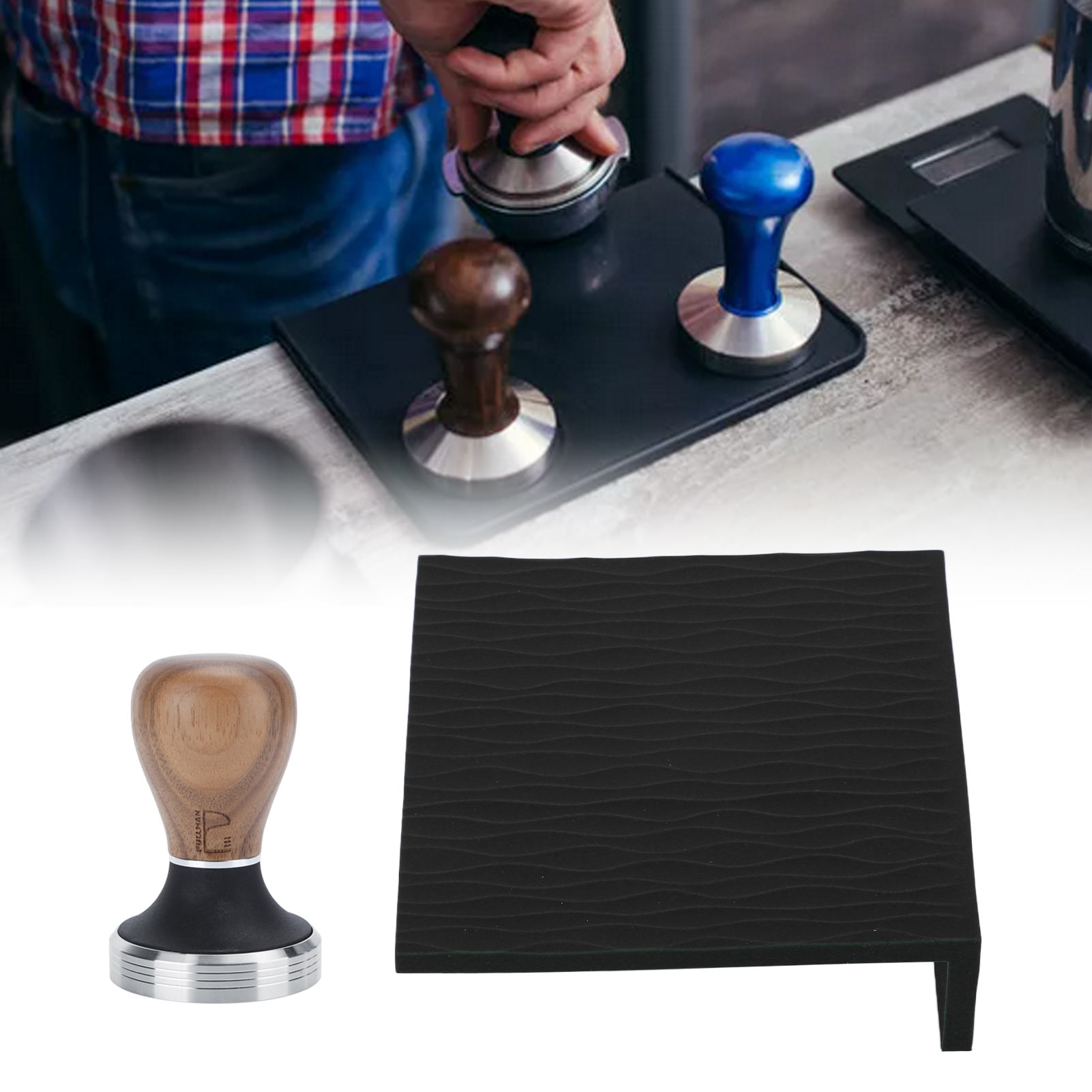 Schwarze Kaffeetampermatte Mit 58 Mm Langem Walnussholzgriff Und Geprägtem Muster, Kaffeezubehör-set.
