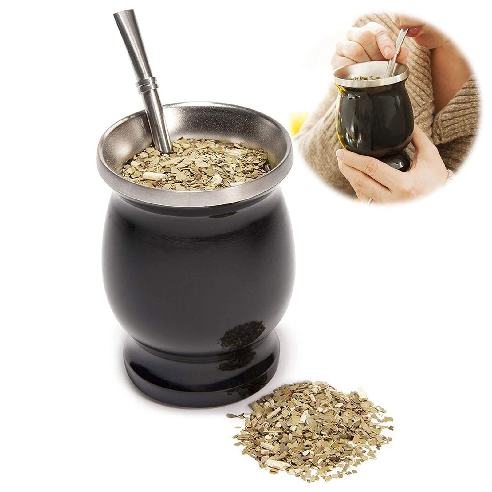 Schwarzer Spanischer Mate-becher (230 Ml), Hergestellt Aus Doppelwandigem Edelstahl 304, Südamerikanischer Teebecher, Getränkebecher, Kaffeebecher.