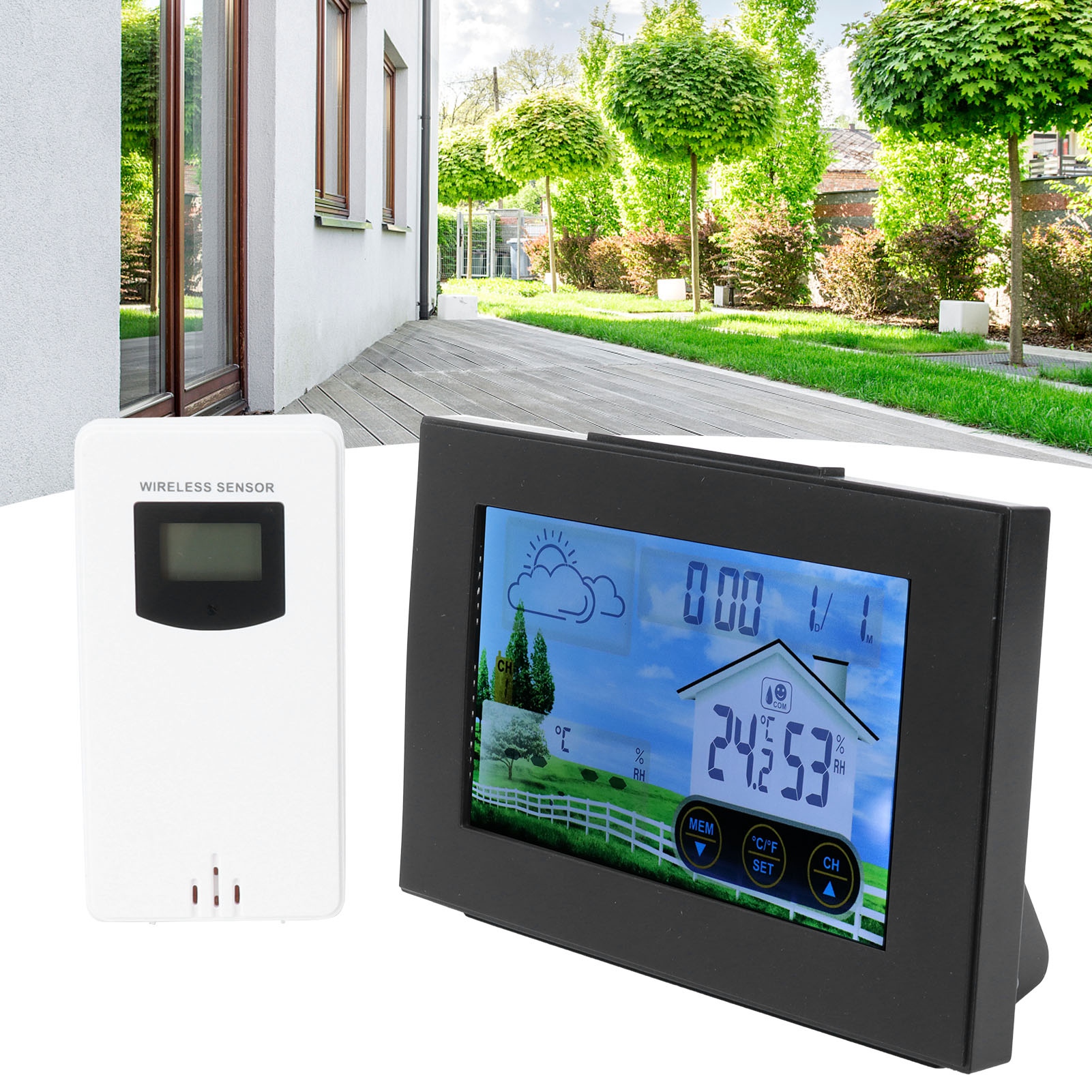 Kabelloses Digitales Thermometer-hygrometer Mit Wecker Und Touchscreen Für Den Innen- Und Außenbereich