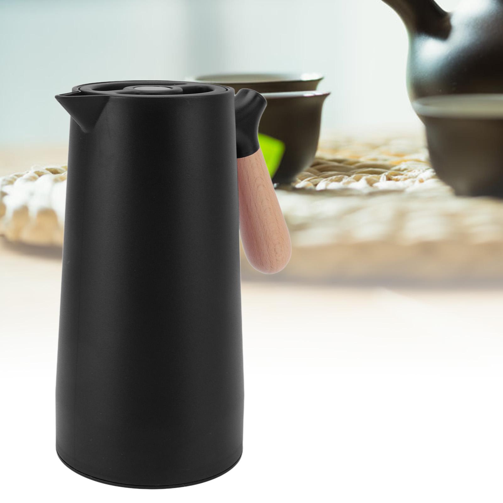 Isolierte Kaffeemaschine (1 Liter) Mit Holzgriff, Schlichte Schwarze Isolierflasche