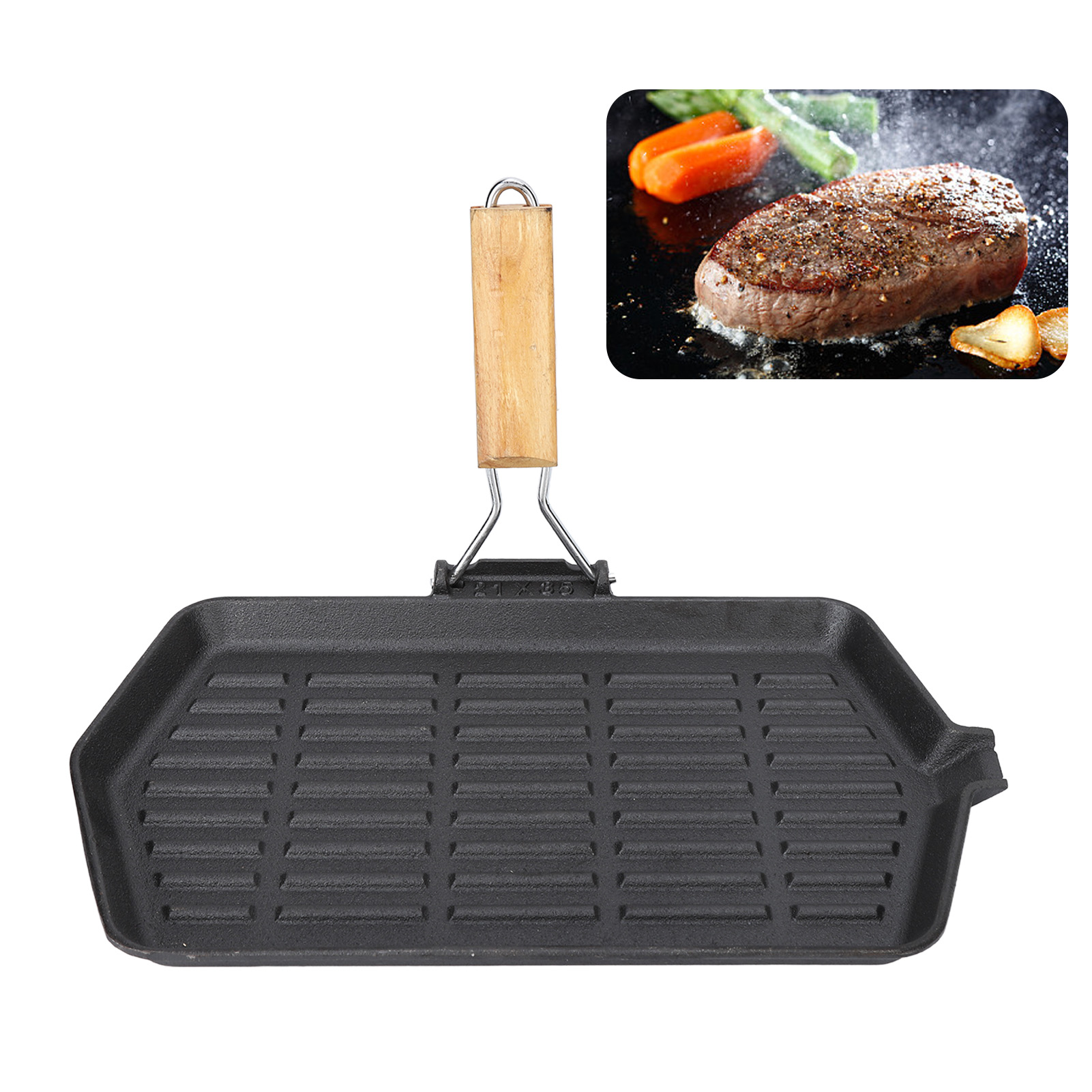 Faltbare Steakpfanne (21 X 35 Cm) Mit Holzgriff, Unbeschichtete Gusseisen-steakpfanne, Bräter Im Westlichen Stil, Faltbare Und Tragbare Antihaft-bratpfanne